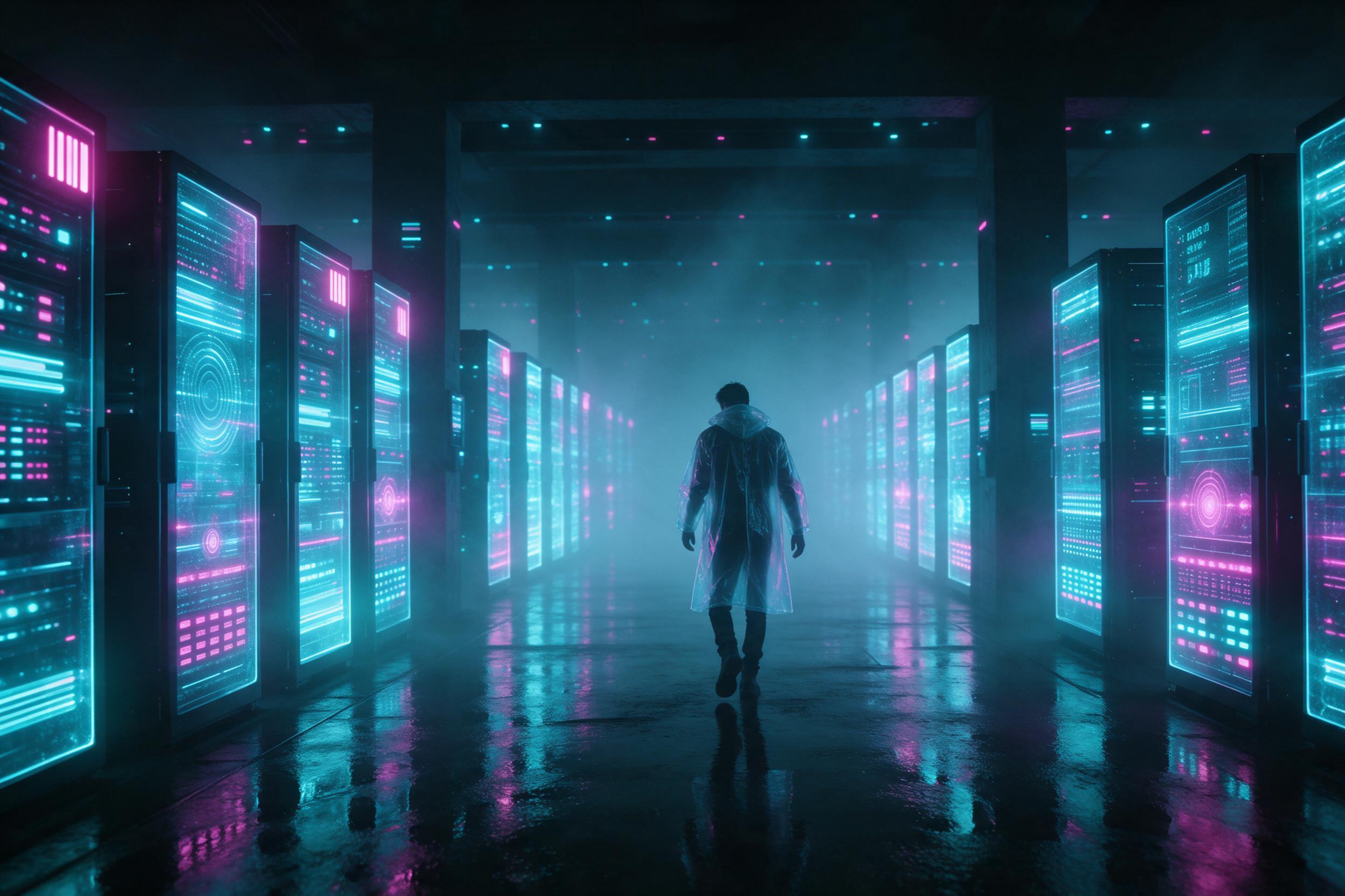 Neon-lit underground data center, rows of holographic server racks casting cyan and magenta light, a lone technician in a translucent raincoat walking between them, reflective wet floor, volumetric fog, wide-angle shot.