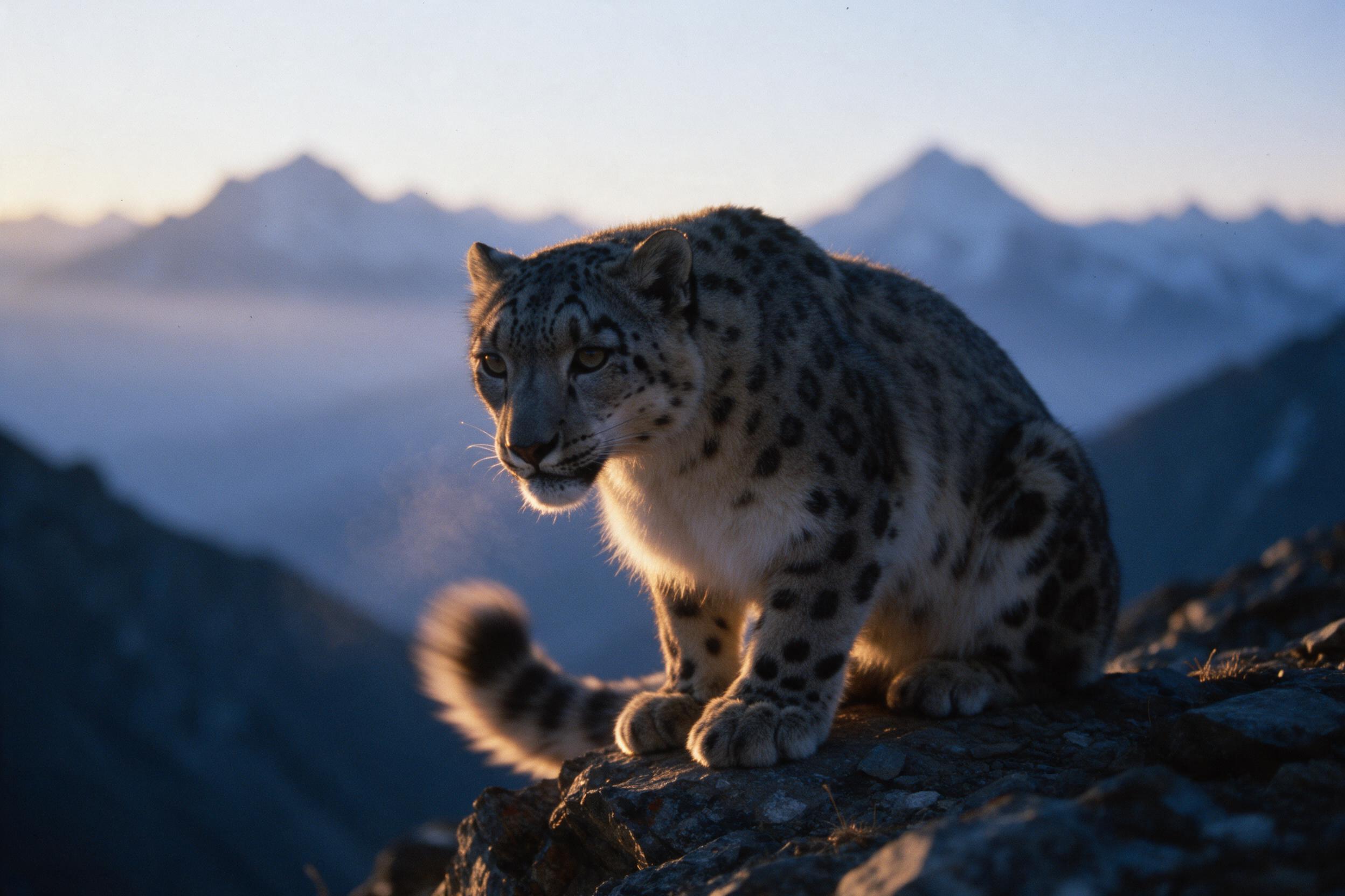A snow leopard crouches on a rocky outcrop at dawn, its spotted fur catching the first rays of golden light, breath visible in the cold air, distant Himalayan peaks in soft blue haze, shallow depth of field, slight motion in its tail, natural grain