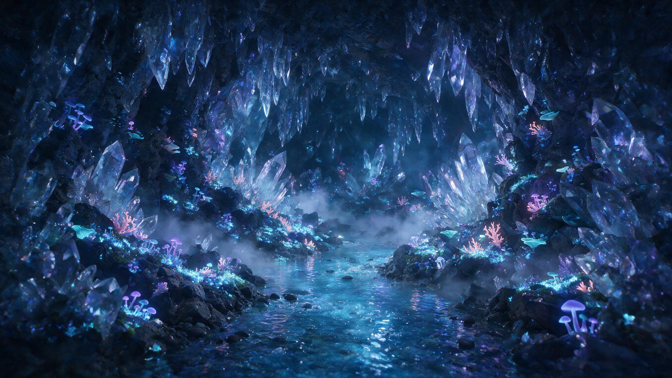A glowing crystal cave deep underground, bioluminescent moss and fungi line the walls, soft blue and purple light reflects off jagged quartz formations, a small stream of glowing water flows through the center, ethereal mist rises, wide-angle composition, magical atmosphere, natural lighting from th