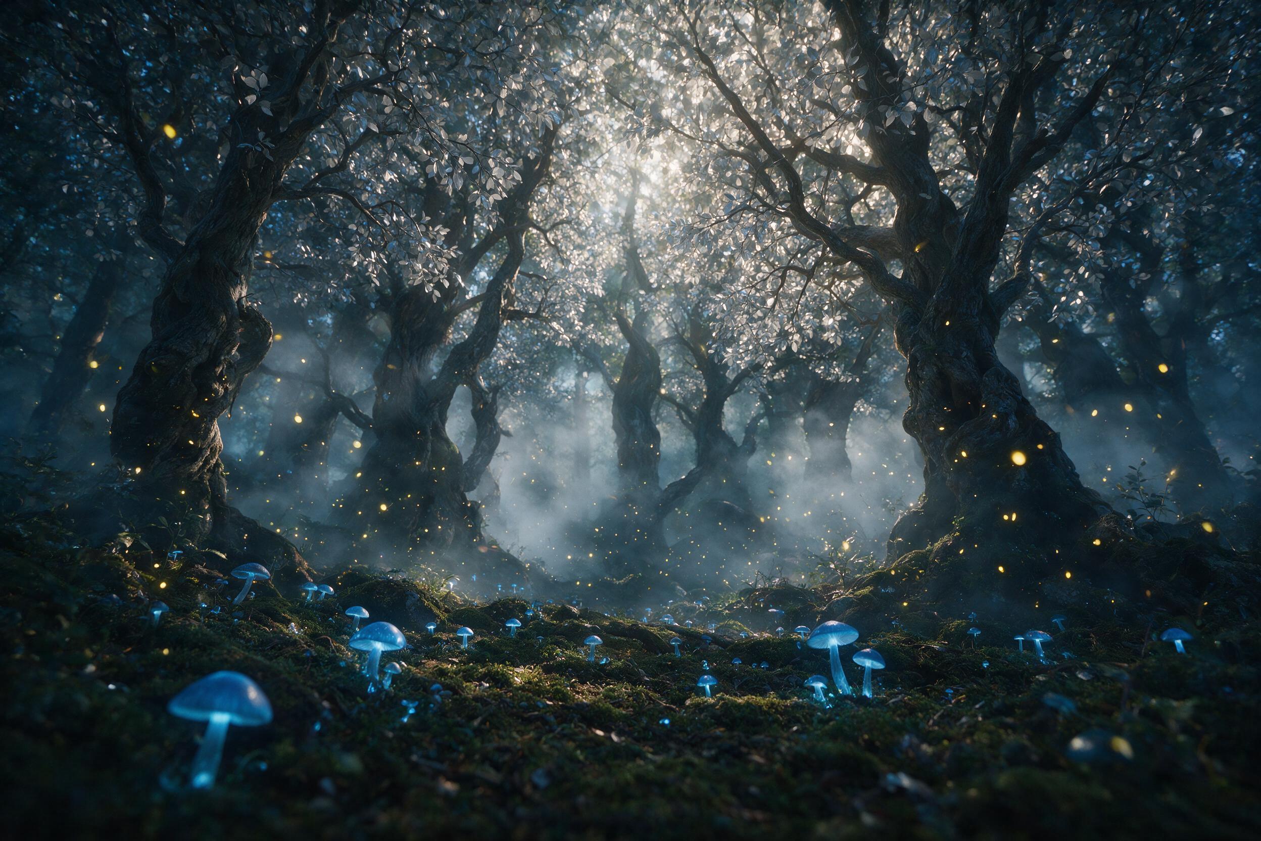 A misty enchanted forest at twilight, glowing blue mushrooms scattered on mossy ground, ancient twisted trees with silver leaves, soft golden fireflies dancing in the air, ethereal fog swirling between trunks, low angle shot capturing the mystical atmosphere, natural light filtering through the cano