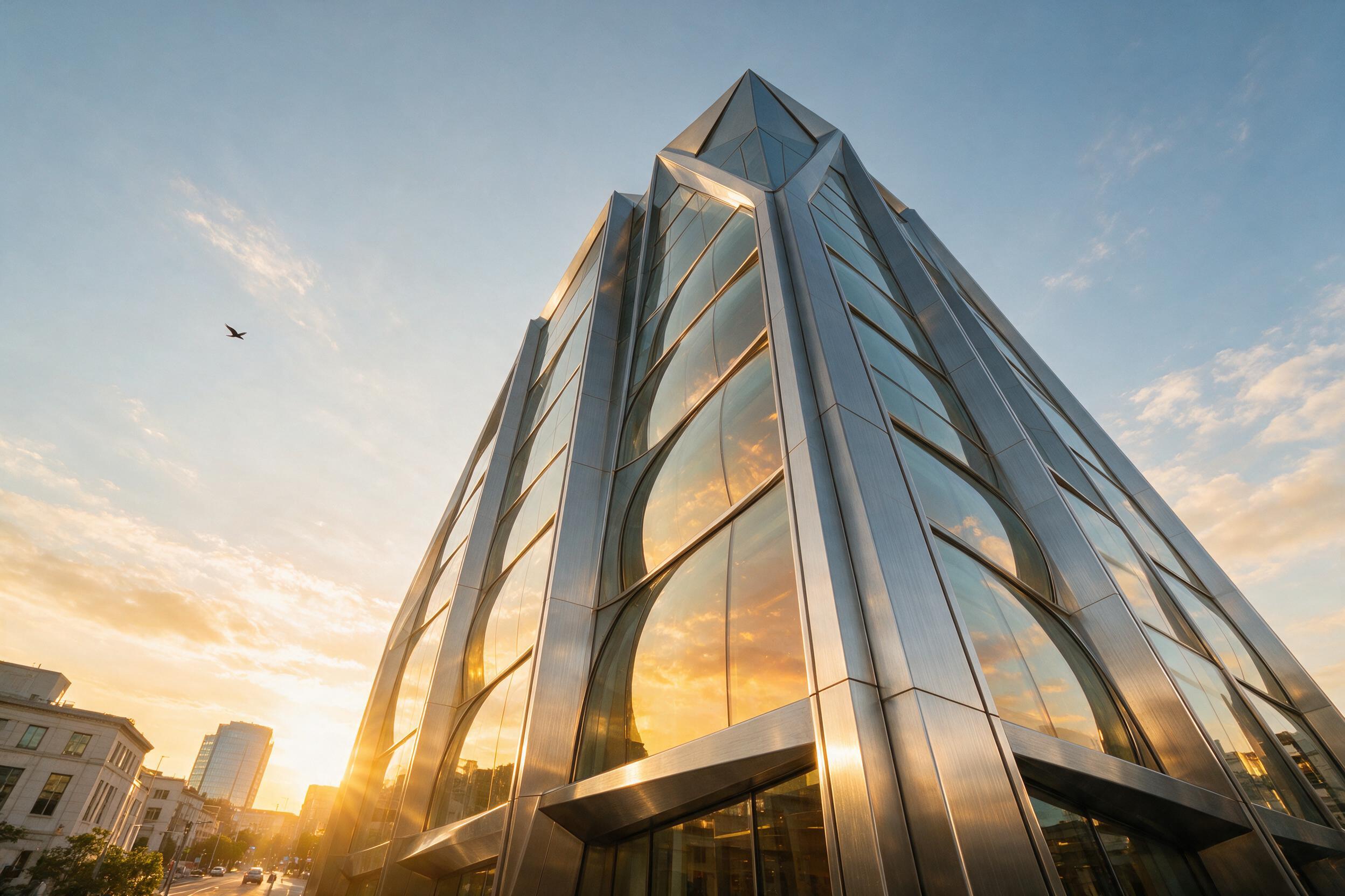 Low-angle shot of a brushed steel skyscraper at golden hour, warm sunlight reflecting off concave glass panels, clean geometric lines, a single bird silhouette against the sky, slight lens flare, minimal shadows, calm atmosphere.