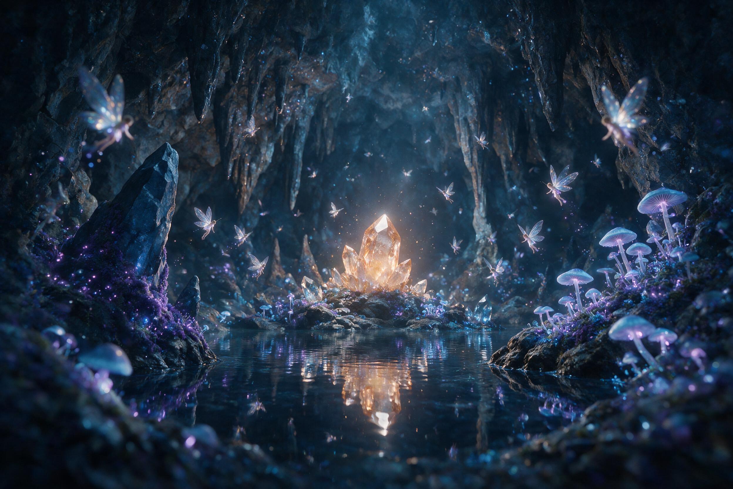 A luminous crystal cave, bioluminescent moss and fungi glowing in soft blue and purple hues, tiny fairies with translucent wings fluttering around, a still pool reflecting the cave ceiling, warm light emanating from a central crystal, shallow depth of field, mystical atmosphere