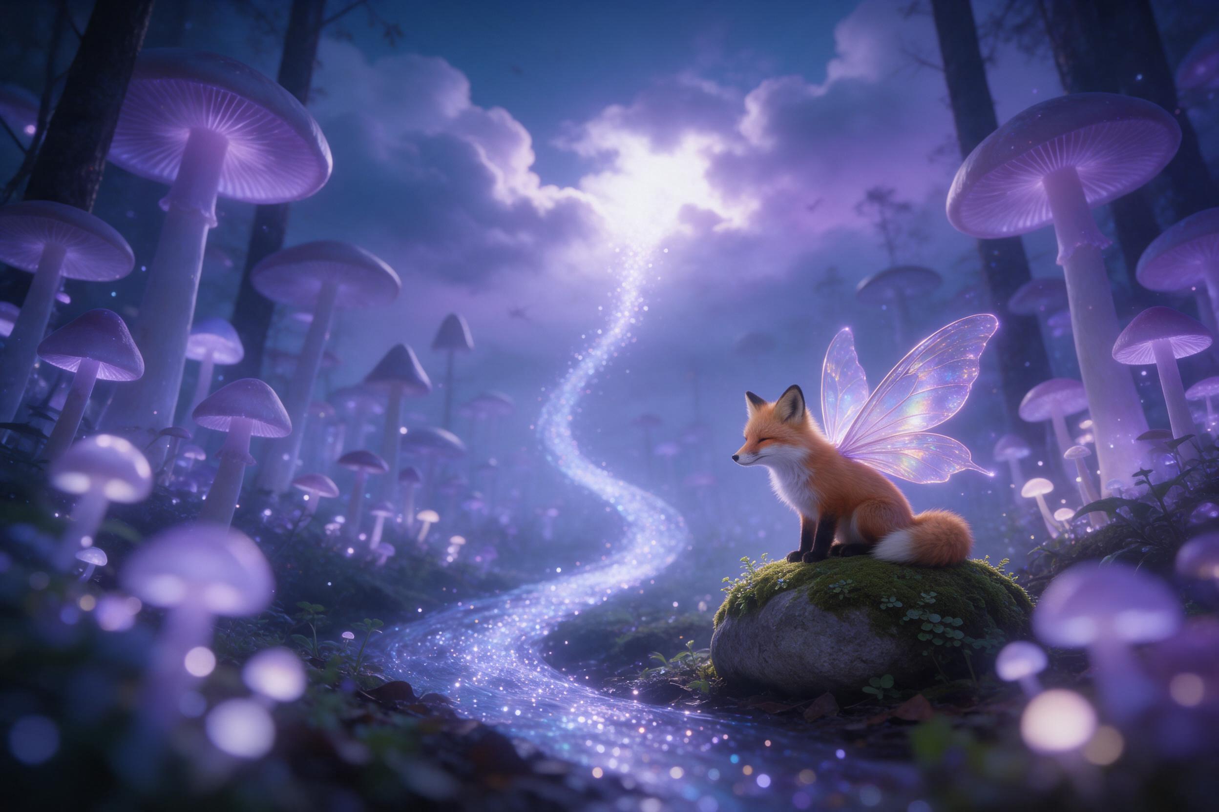 A misty twilight forest with towering bioluminescent mushrooms casting soft violet light. A small fox with iridescent, gossamer wings sits on a mossy stone, gazing at a sparkling stream that flows upward into the clouds. Low-angle view, foreground bokeh, ethereal glow, cinematic composition.