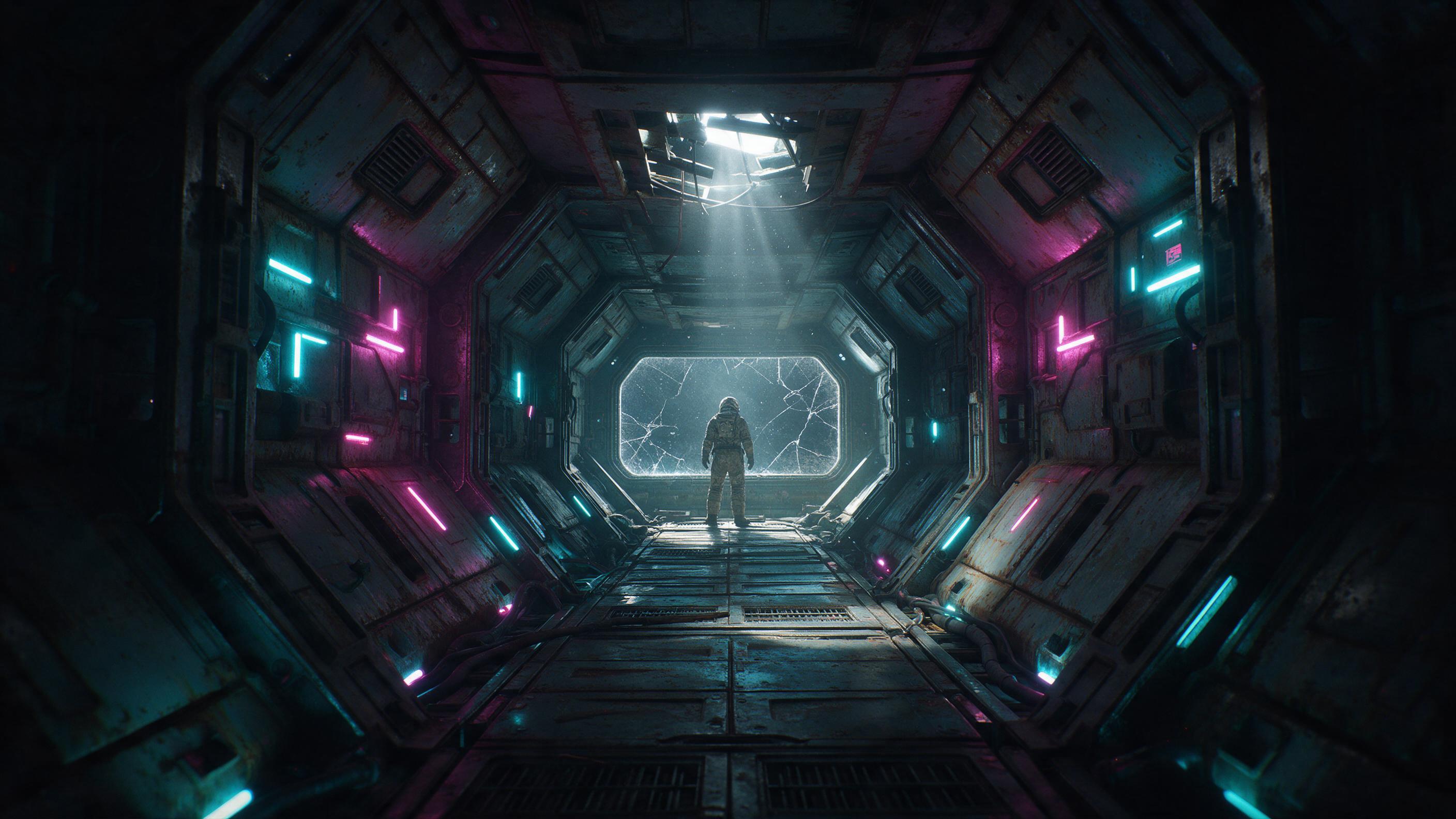 Abandoned space station corridor with flickering neon lights casting cyan and magenta glow on rusted metal walls. Dust particles float in the air, visible in the harsh beam from a broken overhead panel. A lone astronaut in a worn suit stands at the far end, backlit, facing a massive cracked window r