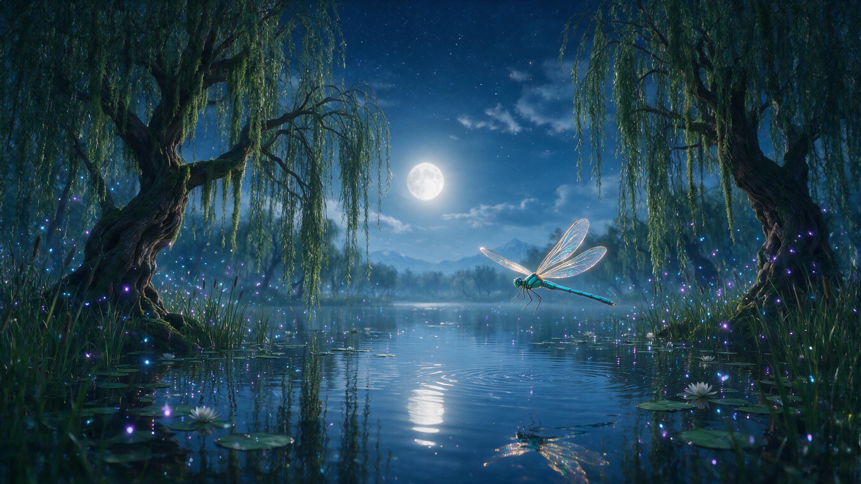A luminous dragonfly with translucent wings glides over a still, moonlit lake. Ancient willow trees drape mossy branches into the water, their reflections distorted by soft ripples. Pale blue and violet fireflies drift among cattails, creating a dreamy, magical atmosphere. Natural ambient light from