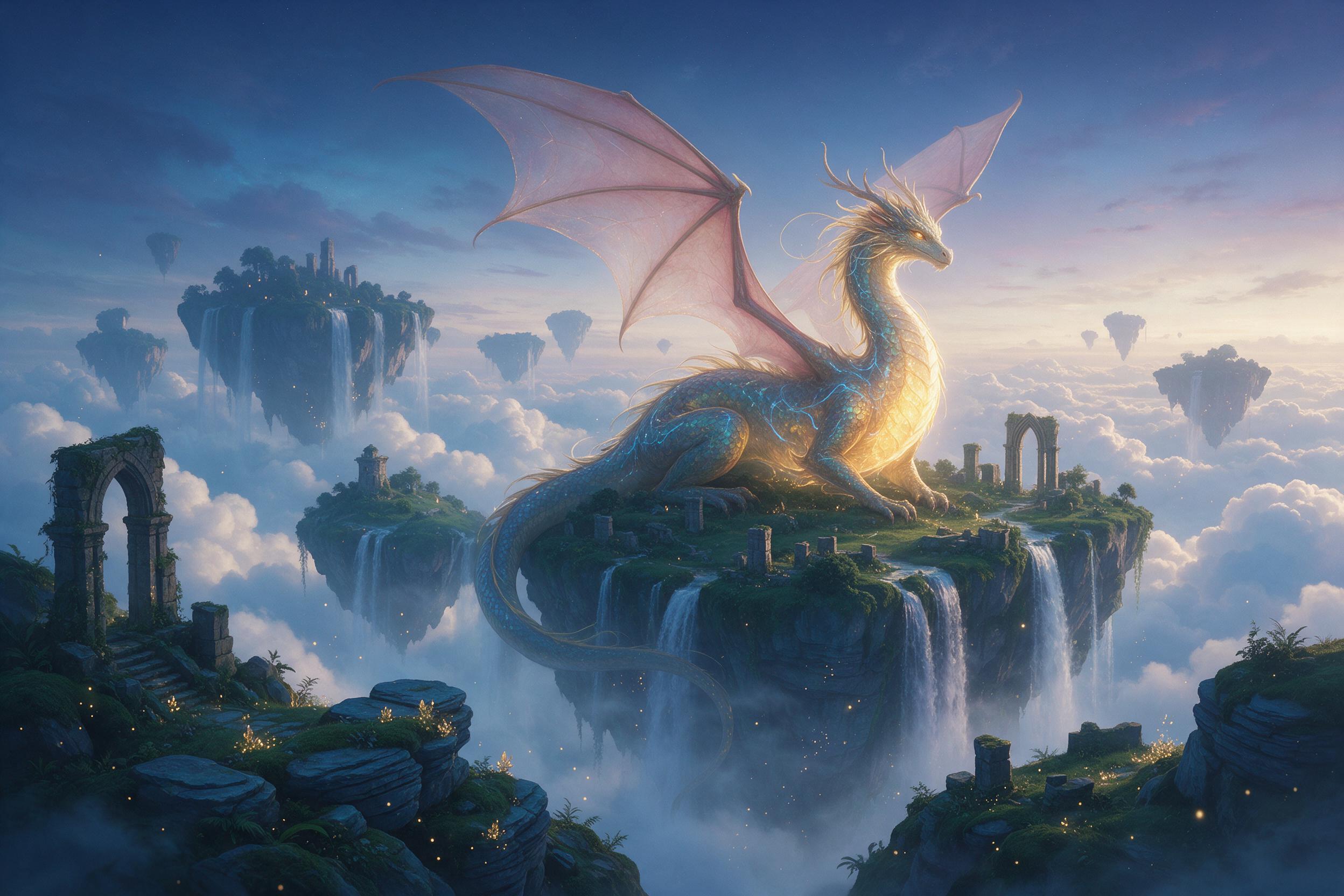 A glowing dragon nestled among floating emerald islands at twilight, its scales reflecting soft bioluminescent light, waterfalls cascading into misty clouds below, warm golden light from the beast's chest contrasting cool blue shadows, delicate composition with the dragon as focal point, ethereal at