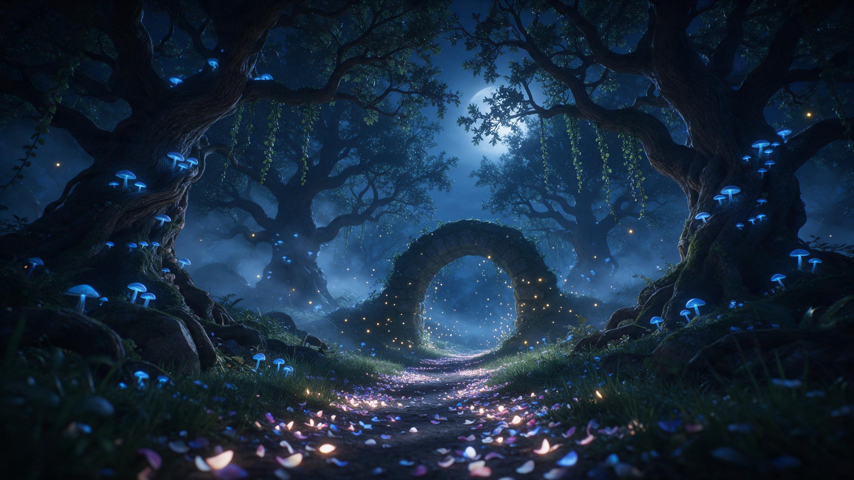 A moonlit, bioluminescent forest where ancient, twisted oak trees cradle glowing blue mushrooms and hanging vines; a narrow dirt path lined with luminous petals; soft mist weaving between trunks; ethereal fireflies circling a mossy stone arch; serene, magical atmosphere; low-angle composition emphas