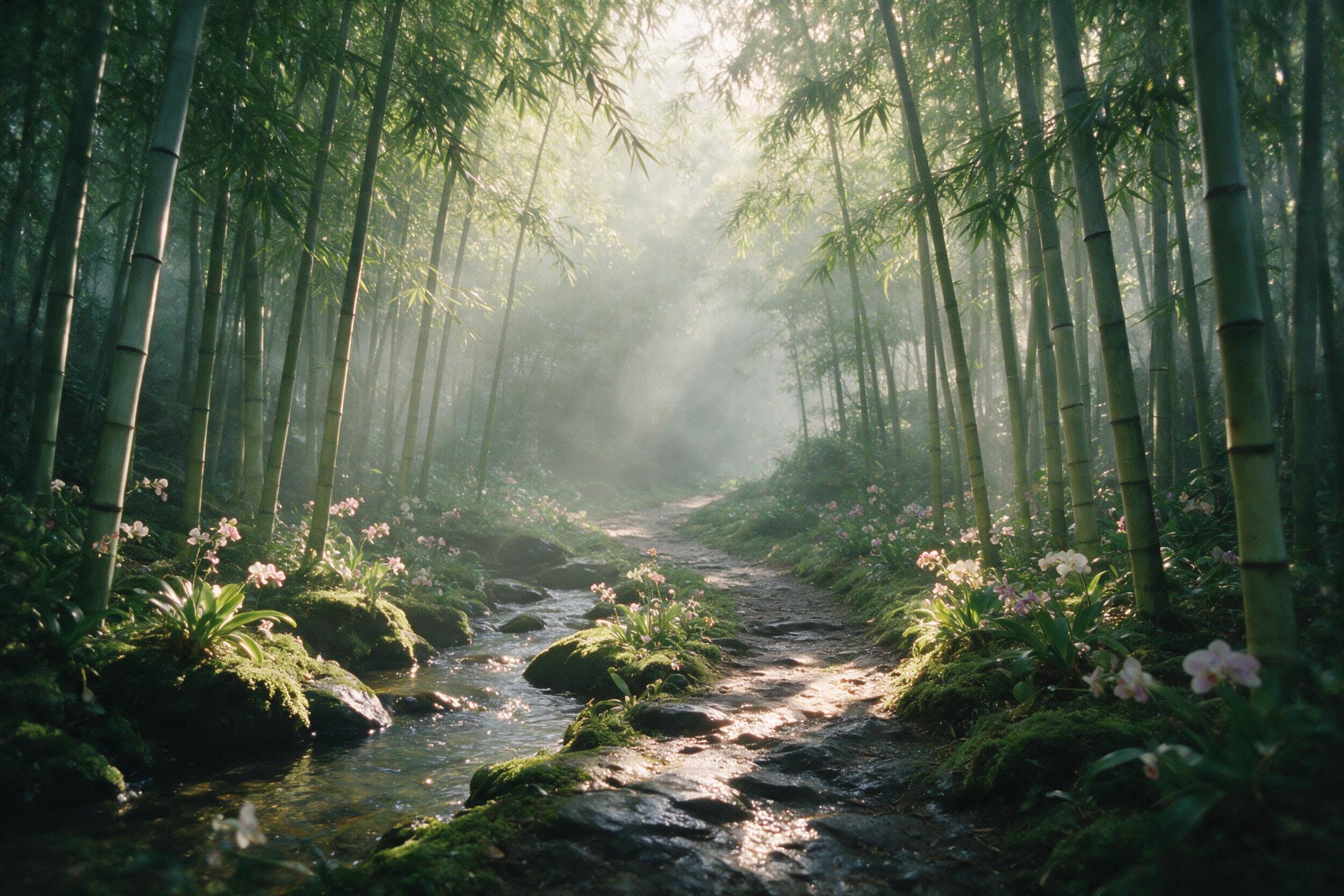 A misty bamboo forest path in early morning, soft golden sunlight filtering through dense green canopy, scattered wild orchids on mossy ground, gentle stream running alongside, dappled light on wet rocks, natural hazy atmosphere, slight camera shake, 35mm film grain