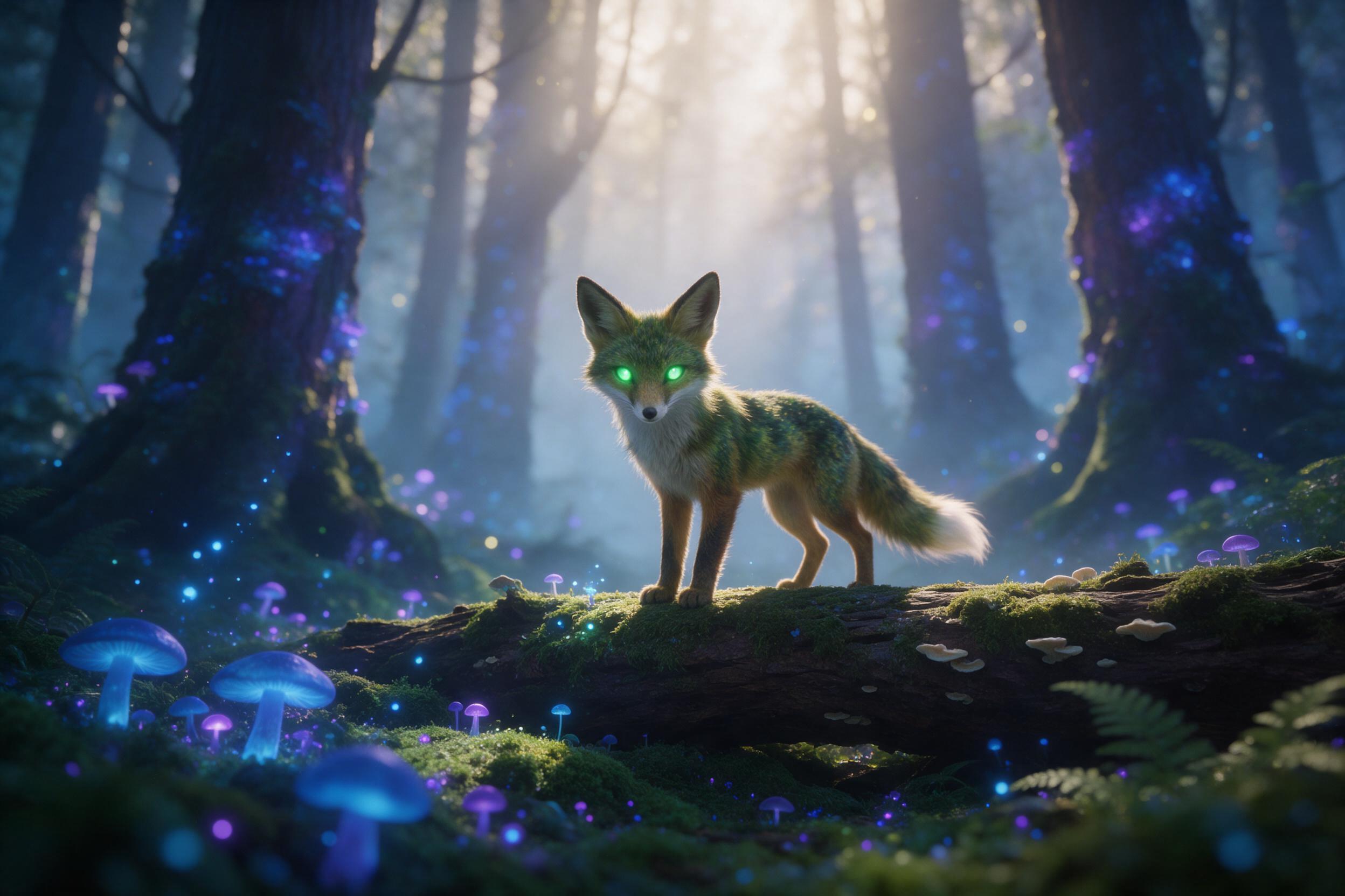 A misty ancient forest with towering bioluminescent trees, glowing blue and purple mushrooms on mossy ground, a small lithe fox spirit with flickering green eyes stands on a fallen log, soft golden light shafts pierce the canopy, gentle fog rolls in, ethereal atmosphere, shallow depth of field, cent