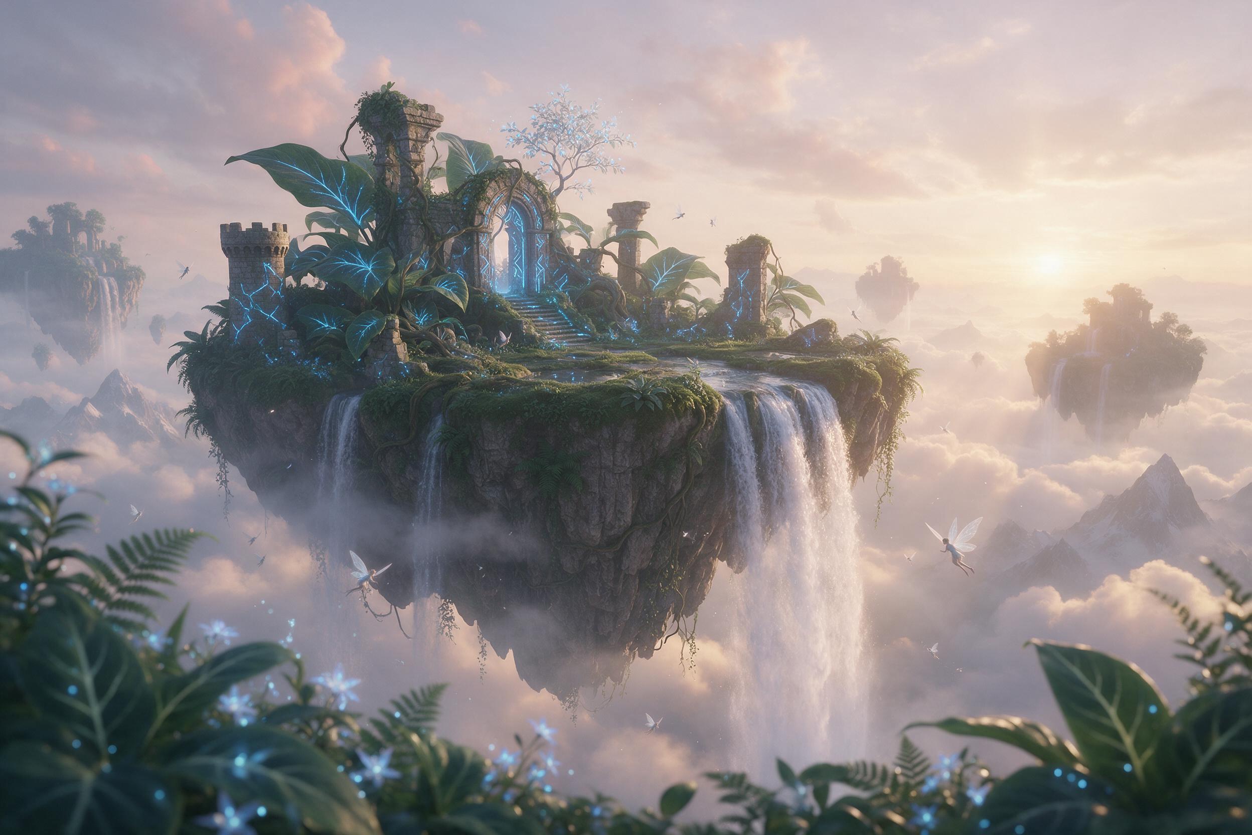 A luminous floating island with cascading waterfalls, surrounded by wispy clouds. Ancient ruins with glowing blue runes stand among lush, oversized foliage. Soft dawn light pierces through mist, illuminating tiny, winged creatures. Wide-angle composition with layered depth, whispered atmosphere.