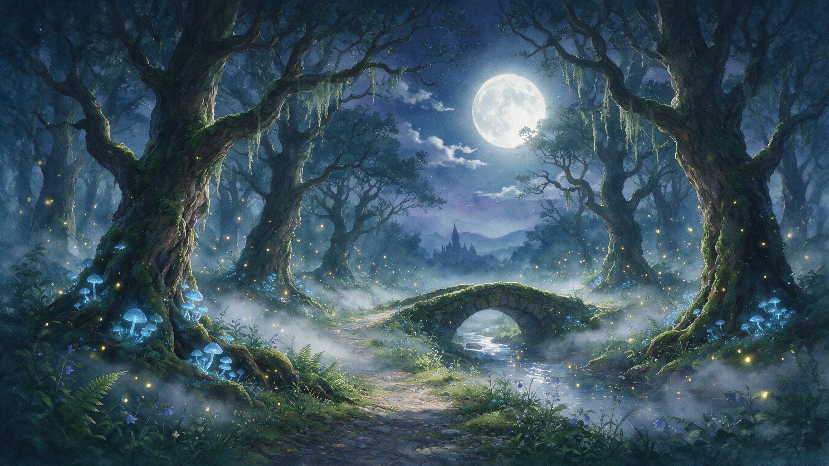 A moonlit enchanted forest, ancient twisted oaks with glowing blue mushrooms, a misty path leading to a distant castle silhouette, fireflies drifting, soft silver light, ethereal atmosphere, watercolor texture, slight grain, no text.