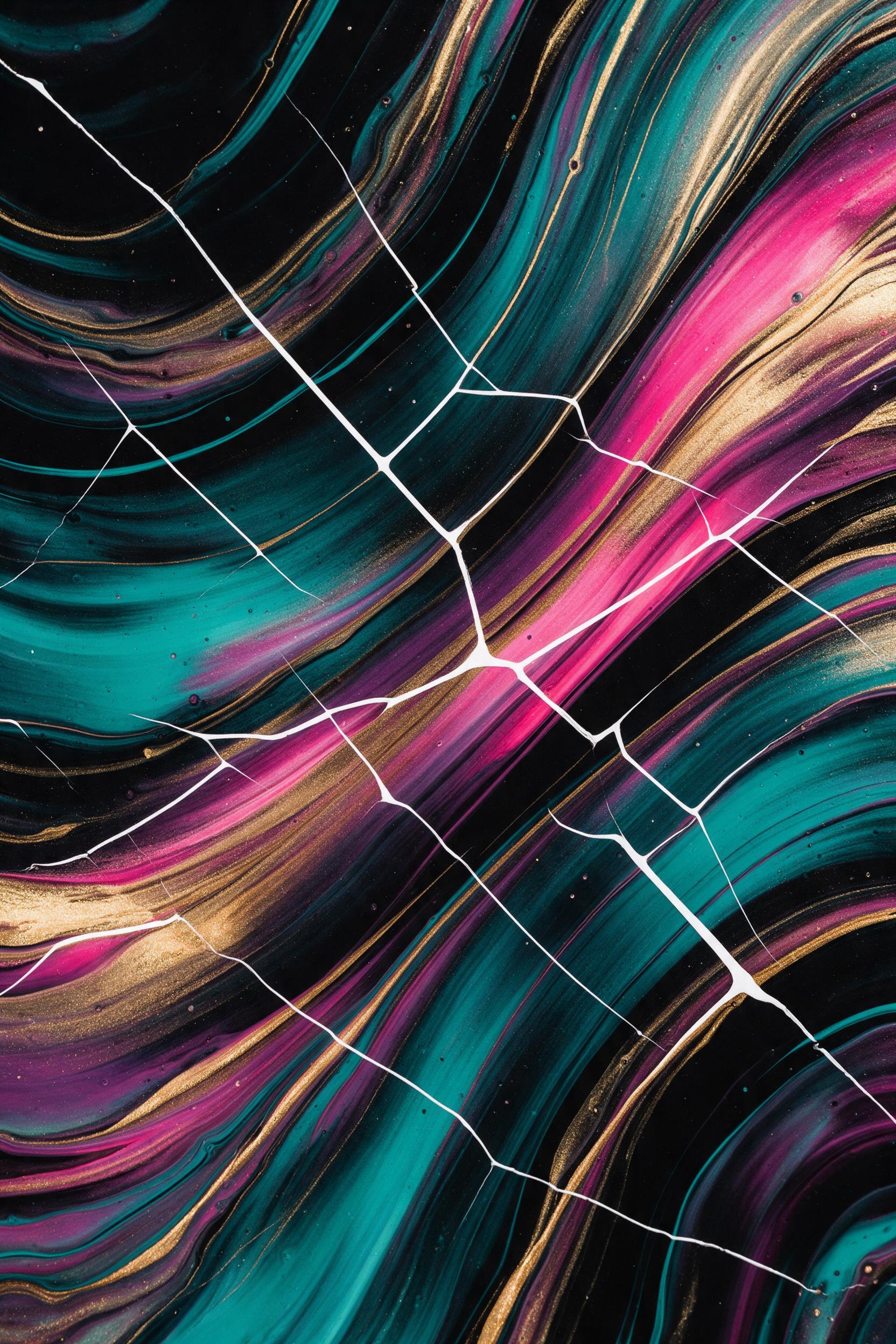 Fluid acrylic pour on black canvas, swirling teal, magenta, and gold arcs intertwining with sharp white geometric cracks, soft studio lighting casting subtle reflections, high contrast, macro view emphasizing glossy texture and depth.