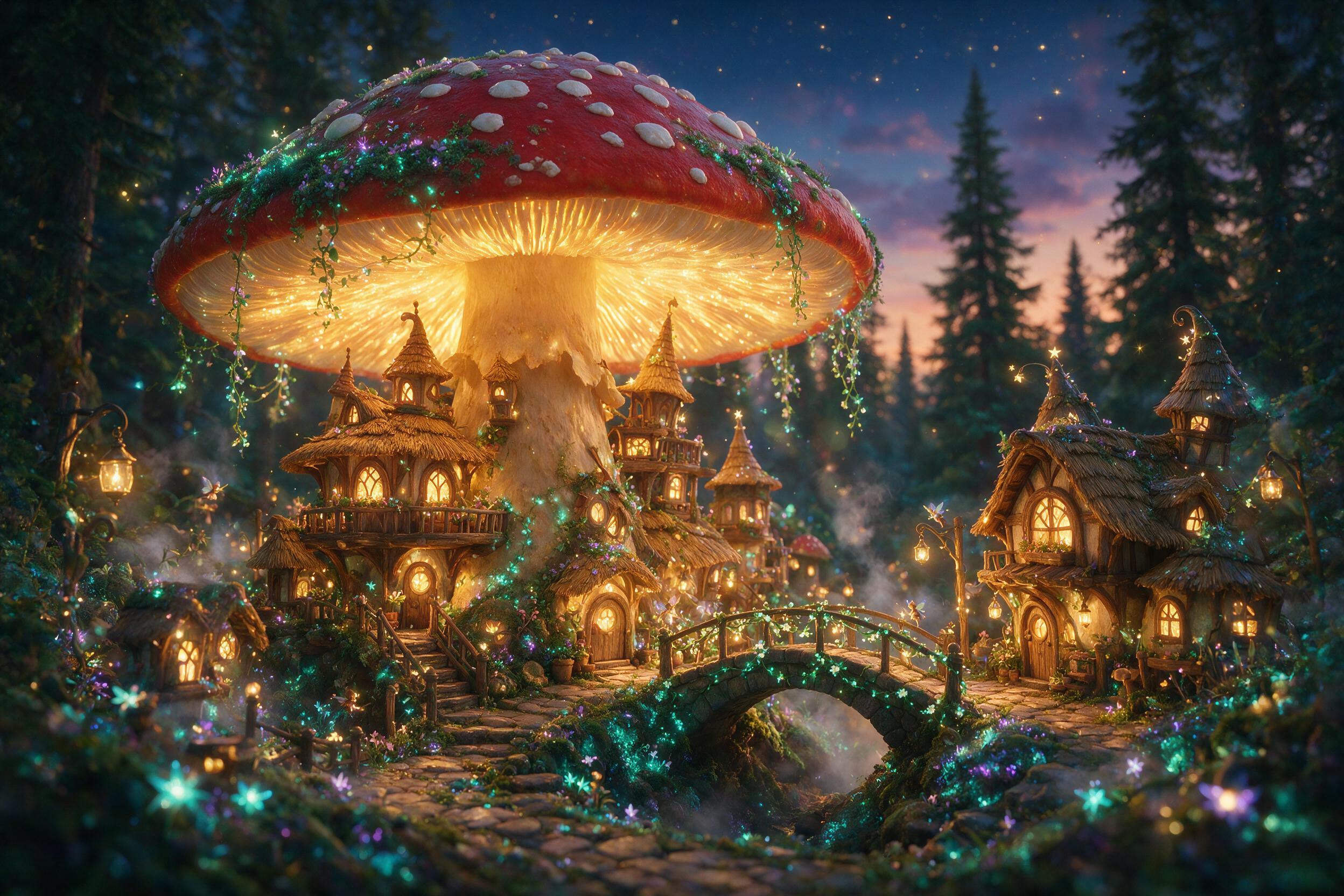 A luminous fairy village nestled inside a giant glowing mushroom, tiny winged figures tending to miniature lanterns, bioluminescent moss and vines, soft mist rising, twilight colors, macro perspective, dreamy atmosphere, slight camera lens flare