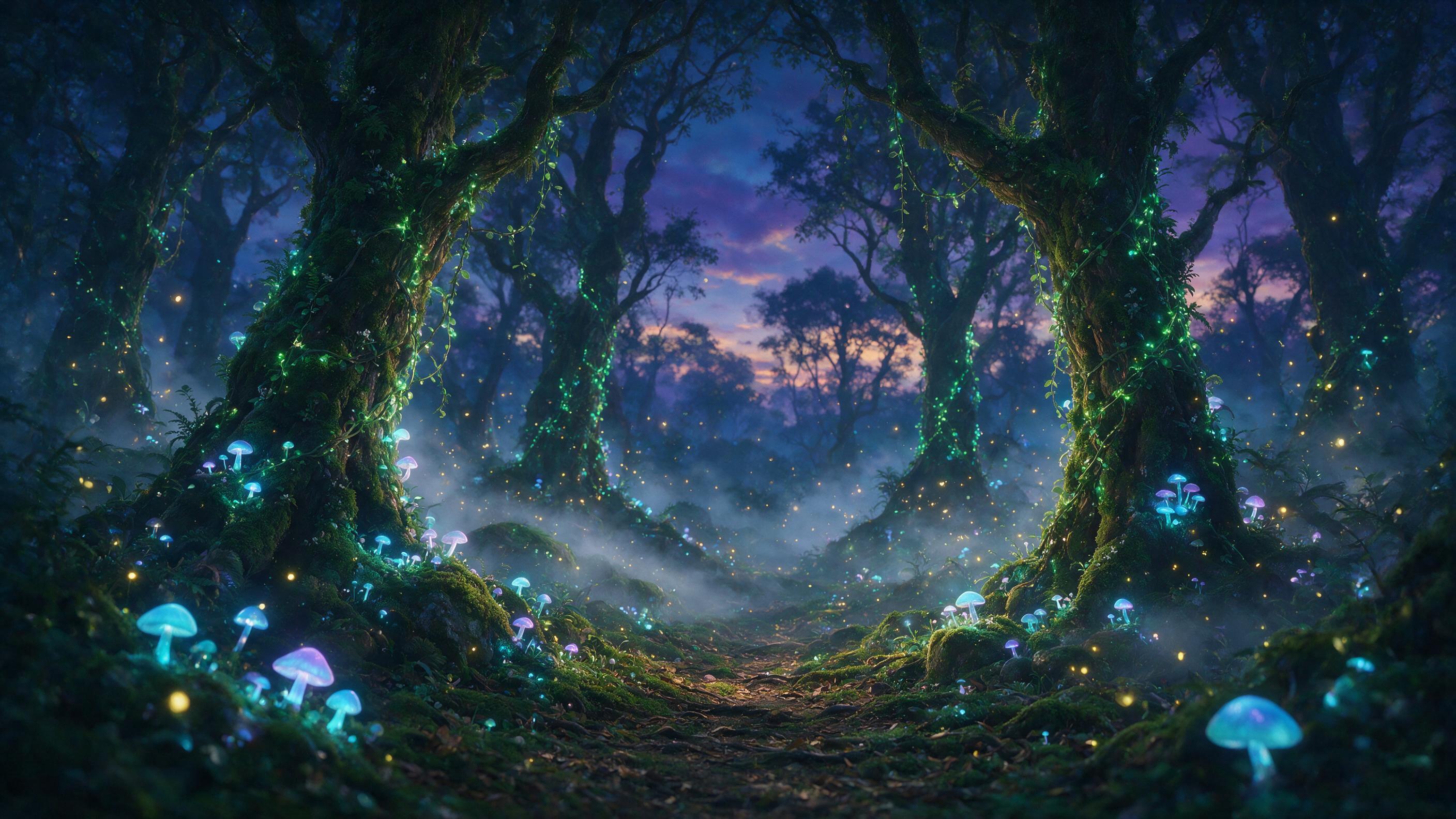 A mystical forest at twilight, bioluminescent mushrooms and glowing vines wrap around ancient trees, a gentle fog drifts through the air, soft golden light from fireflies, magical atmosphere, shallow depth of field, painterly style