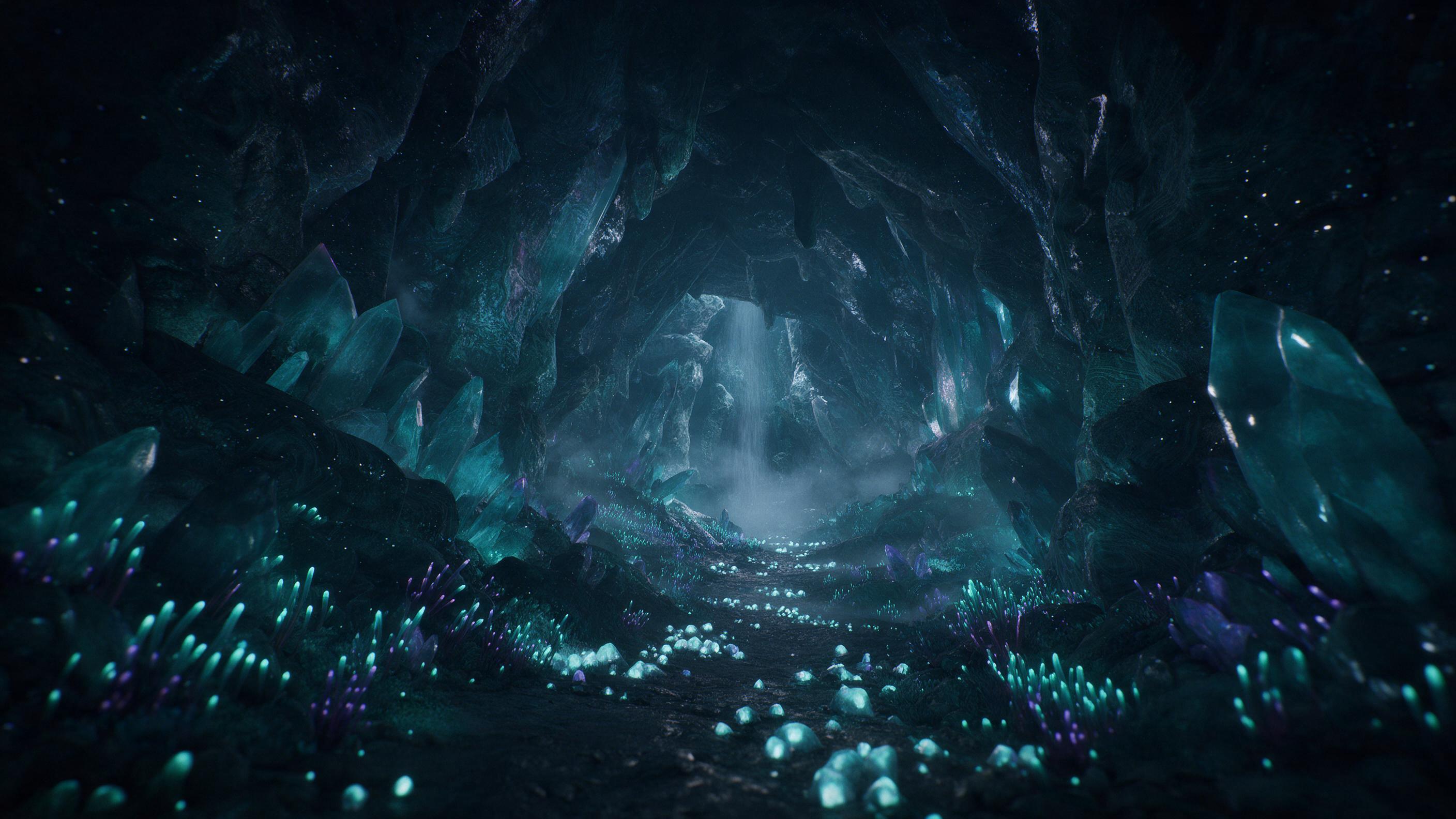 A glowing crystal cavern deep underground, bioluminescent fungi in teal and violet hues, a winding path of luminescent stones leading to a hidden waterfall, mist drifting through the air, soft ambient light from the crystals, cinematic composition with a low angle view, intricate rock textures