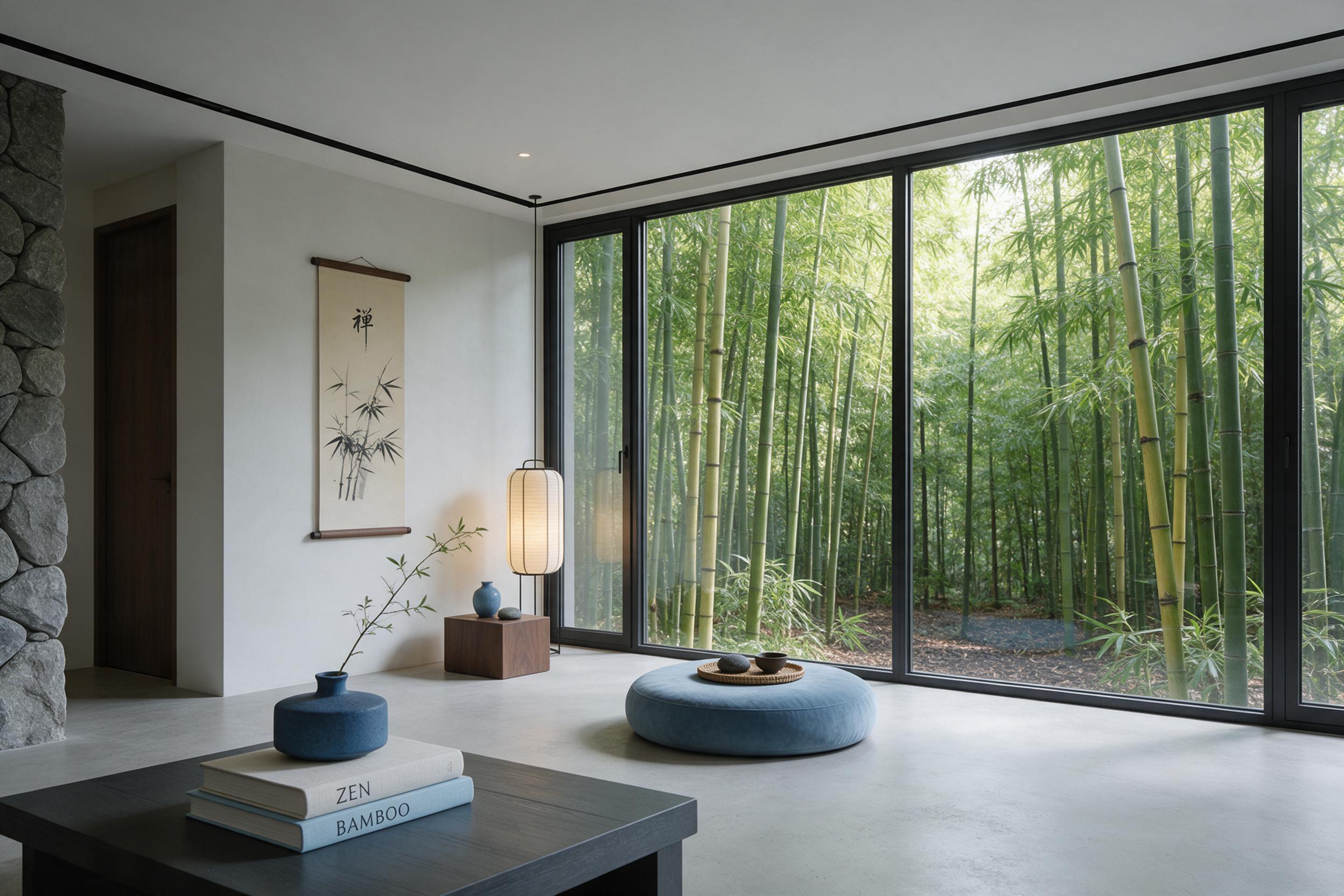 Modern zen meditation space with floor-to-ceiling windows overlooking bamboo forest, minimal design, calm blue tones