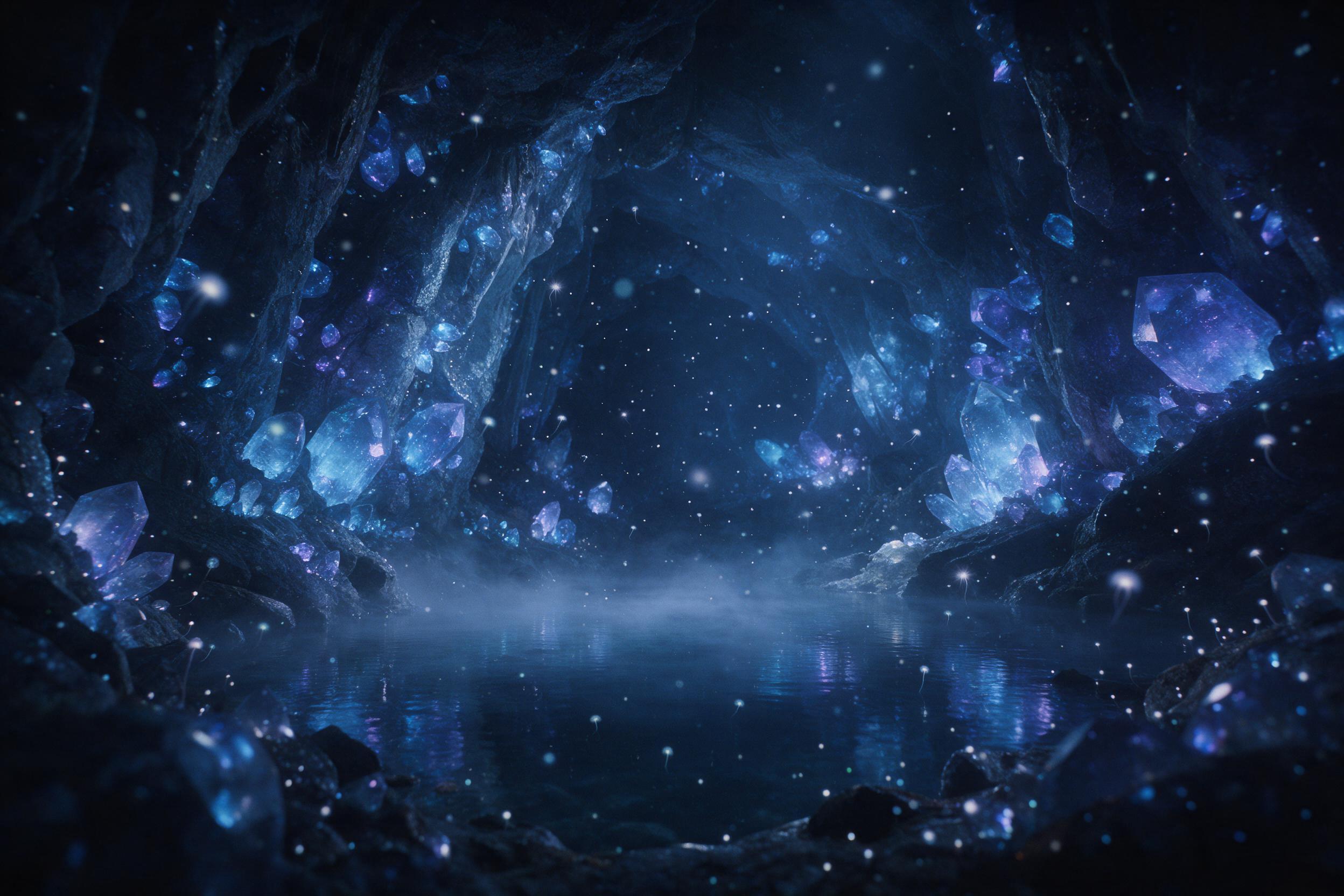 A moonlit crystal cavern, glowing blue and violet geodes lining the walls, a faint mist swirling over a still underground lake reflecting the glow, delicate glowing spores floating in air, shot with a wide-angle lens, soft volumetric light, dreamy and ethereal atmosphere, subtle film grain