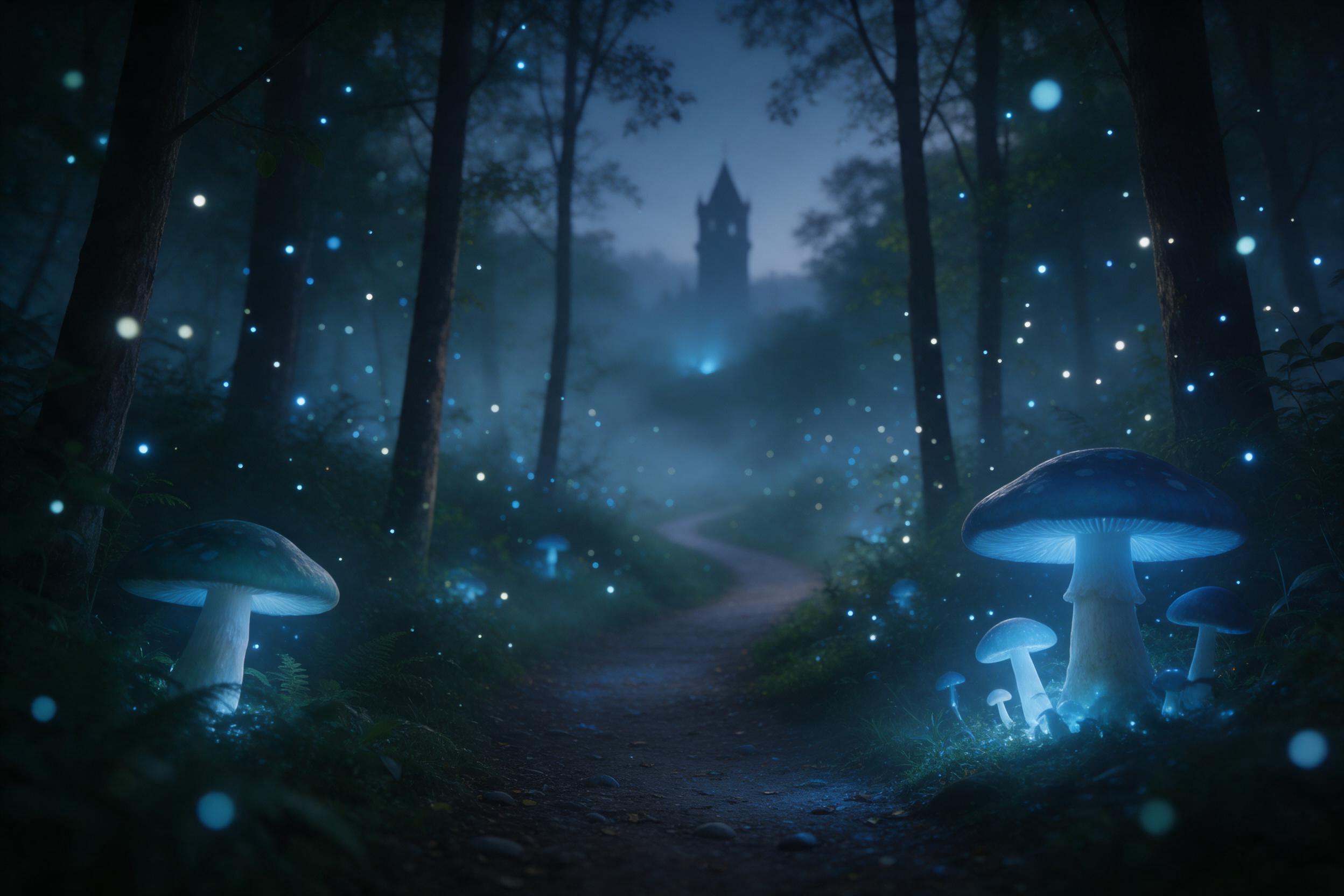 A misty emerald forest at twilight, where giant glowing mushrooms cast soft blue light on a winding path; ethereal fireflies swirl in the air, a distant silhouette of a castle tower visible through the fog; cinematic composition, dreamy atmosphere, soft focus, cool color palette
