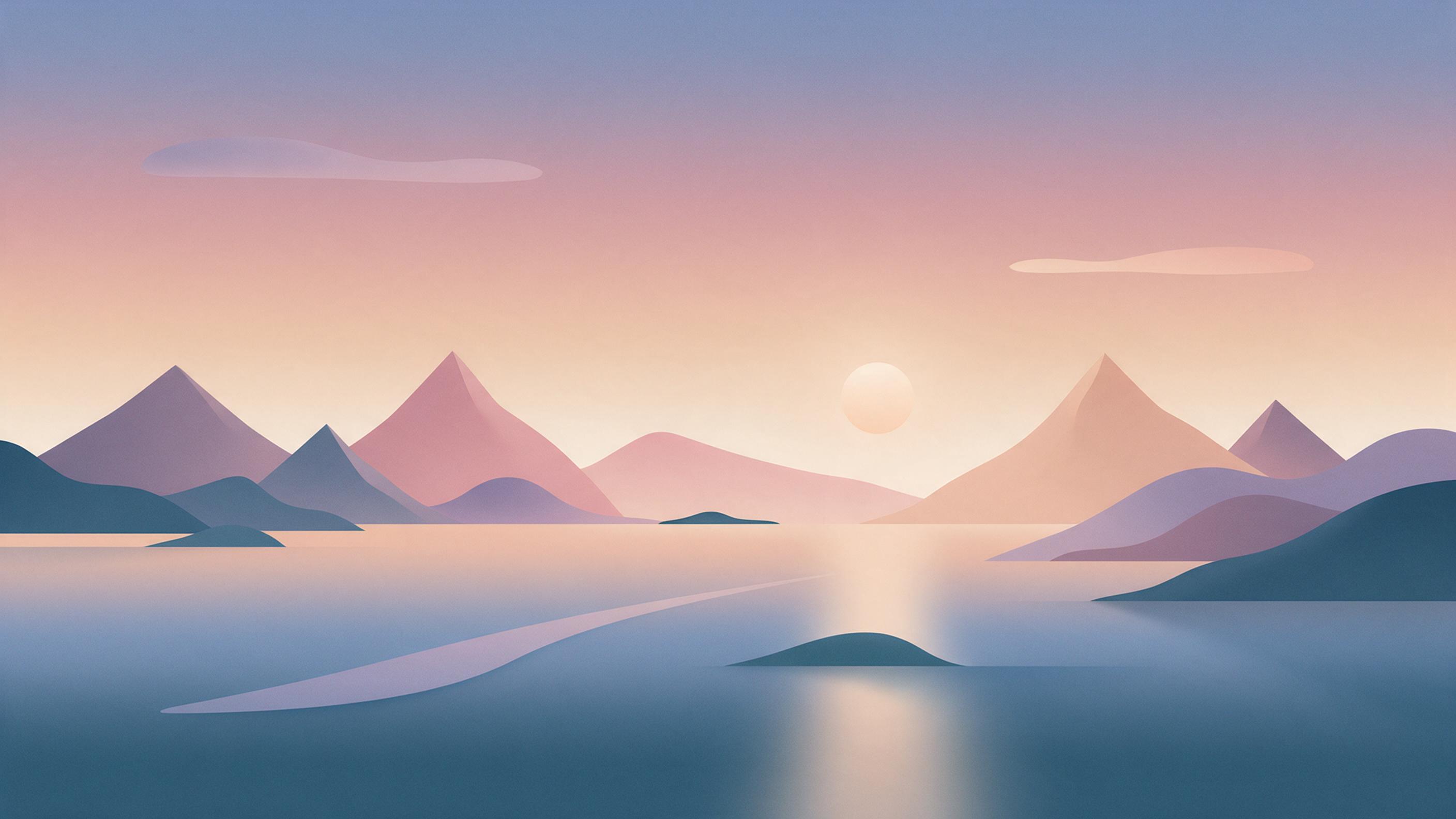 Minimalist geometric landscape in pastel tones, soft gradients, abstract mountains meeting calm ocean at sunset