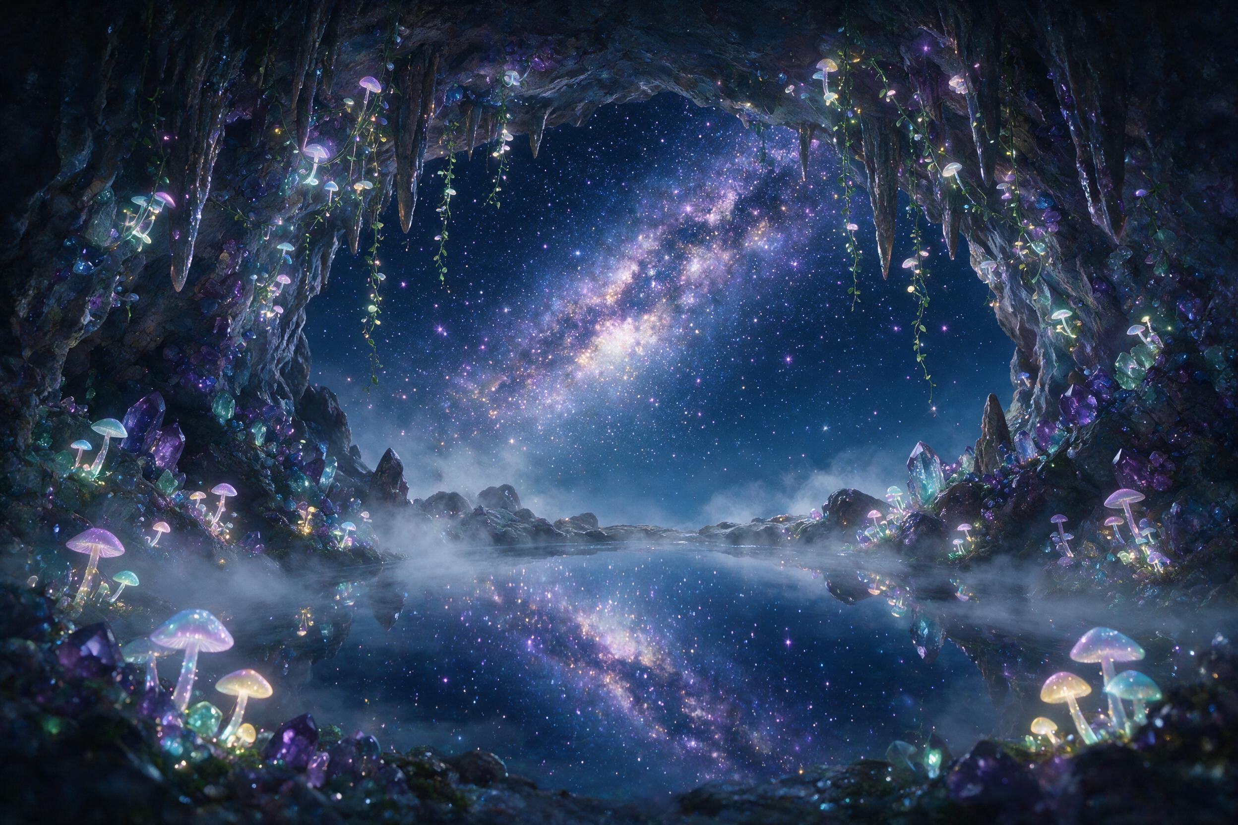 A luminous crystal cave beneath a star-speckled night sky, glowing bioluminescent mushrooms and vines hanging from the ceiling, soft mist swirling around a central pool reflecting the Milky Way, magical atmosphere, deep purples and blues, sharp focus on the pool's reflection, slight mist diffusion.