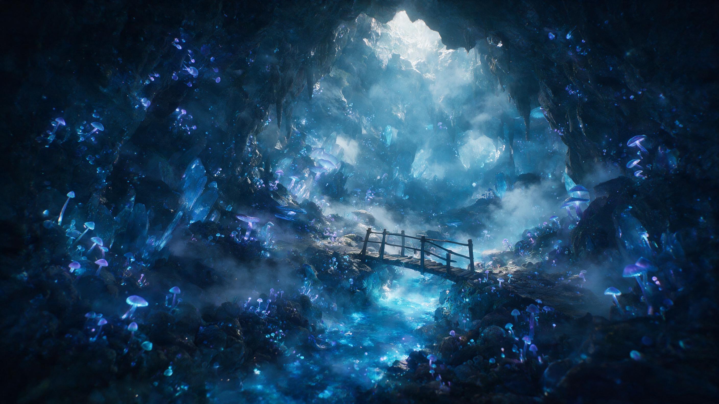 A luminous crystal cave deep underground, bioluminescent fungi glow in soft blue and violet, a small wooden bridge crosses a glowing stream, mist swirls, natural light from above, ethereal atmosphere, dreamlike, cinematic composition.