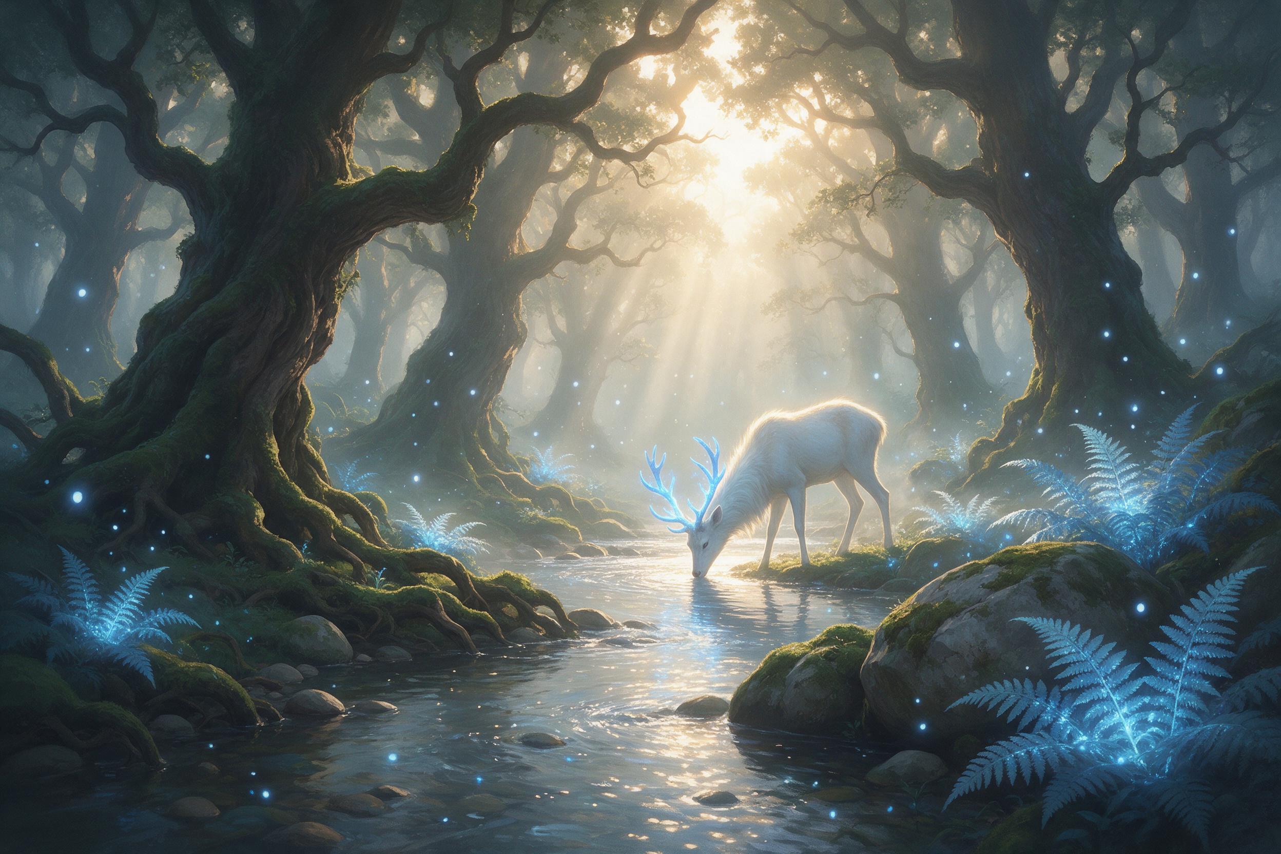 A misty forest at dawn, ancient gnarled oaks with bioluminescent blue ferns, a silver stream winding between moss-covered stones, soft golden light breaking through the canopy, a white stag with glowing antlers drinking, ethereal fireflies, painted in a dreamy semi-realistic style, gentle brushstrok