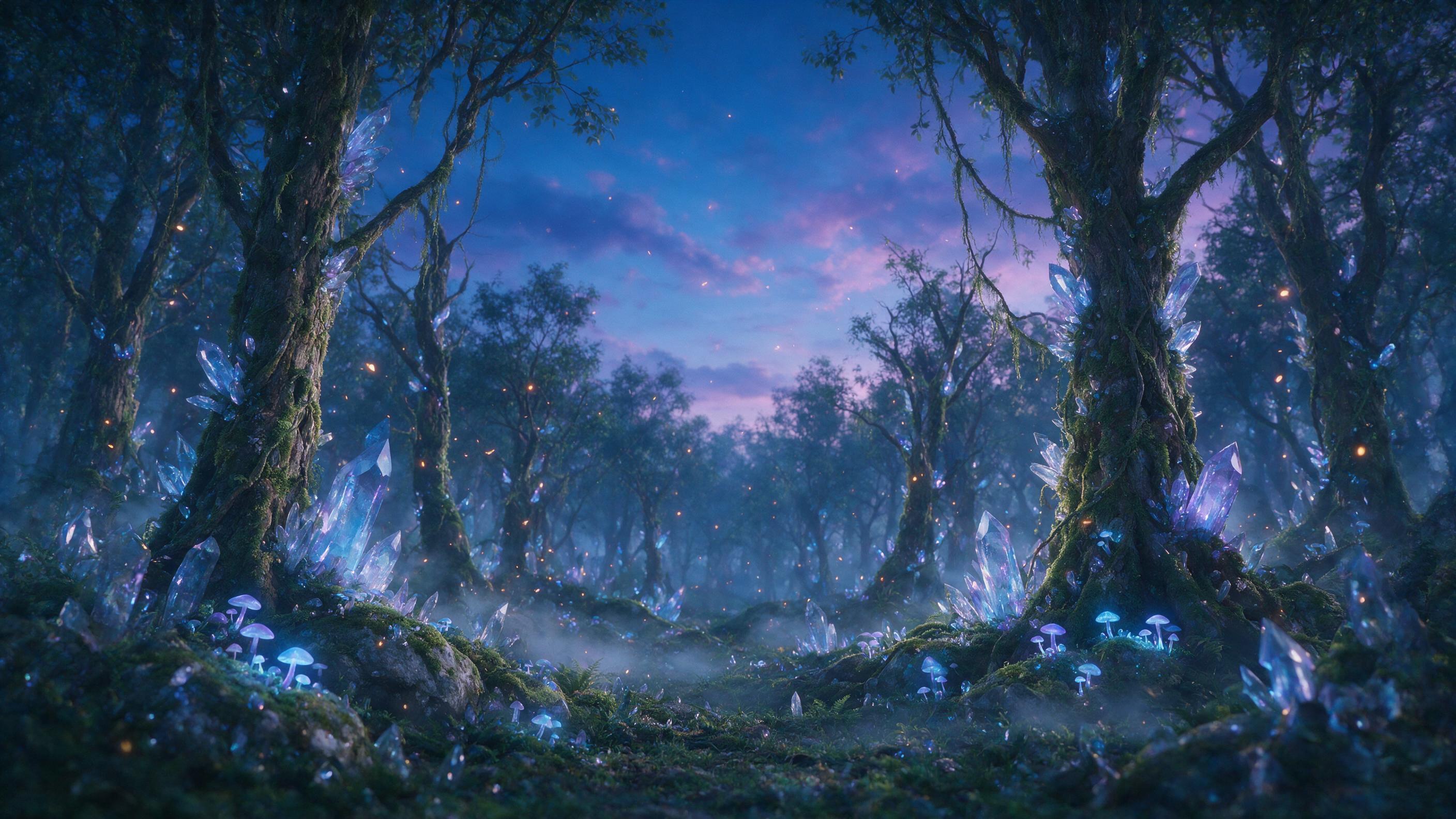 A glowing crystaline forest under a twilight sky, with bioluminescent mushrooms and floating embers, shallow depth of field, soft blue and violet hues, slight mist creeping between the trees, no people or animals, ethereal mood