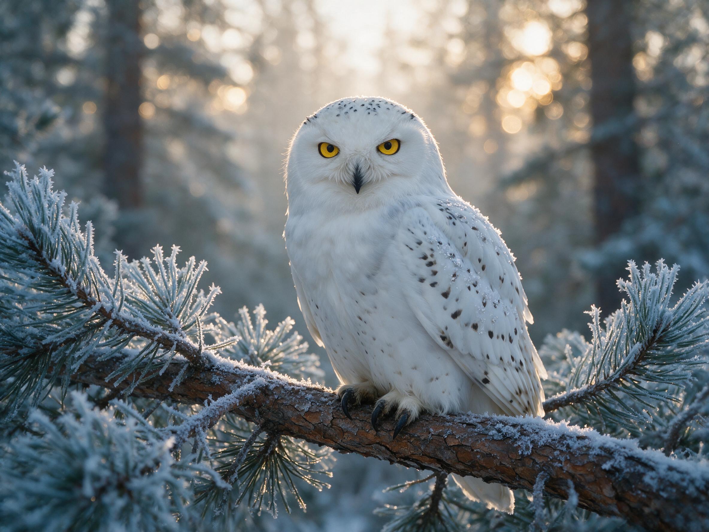 A close-up of a snowy owl perched on a frost-covered pine branch, its intense yellow eyes staring directly at the viewer. Soft morning light filters through a misty forest, creating a gentle bokeh background. The owl's feathers are meticulously detailed, with subtle snowflakes clinging to its wings.