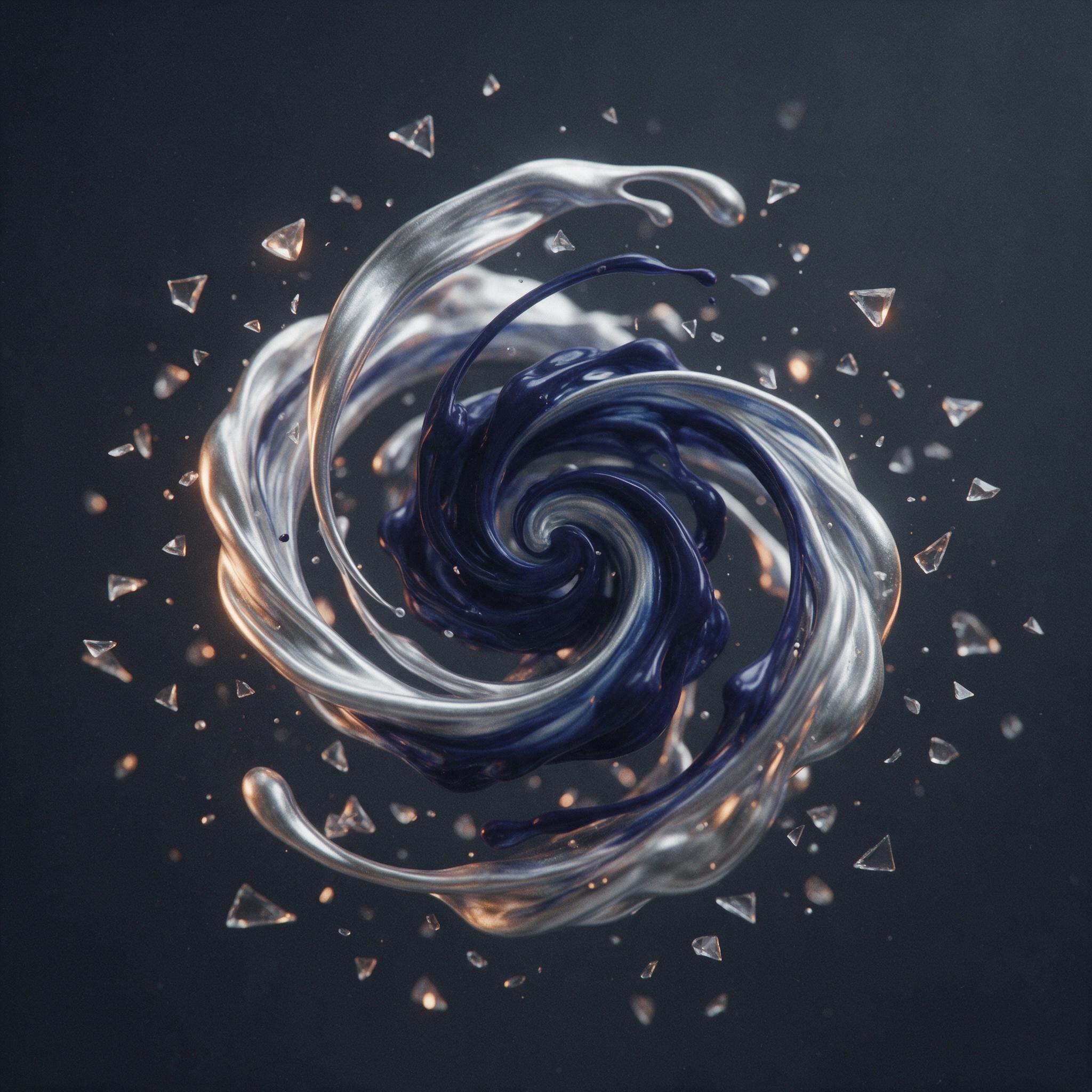 Smooth liquid silver and deep indigo ink swirling in a spiral, suspended in mid-air, with tiny glass shards catching warm amber light; dark matte background, soft diffused side lighting, subtle film grain, slightly soft focus at edges, minimalist composition centered.