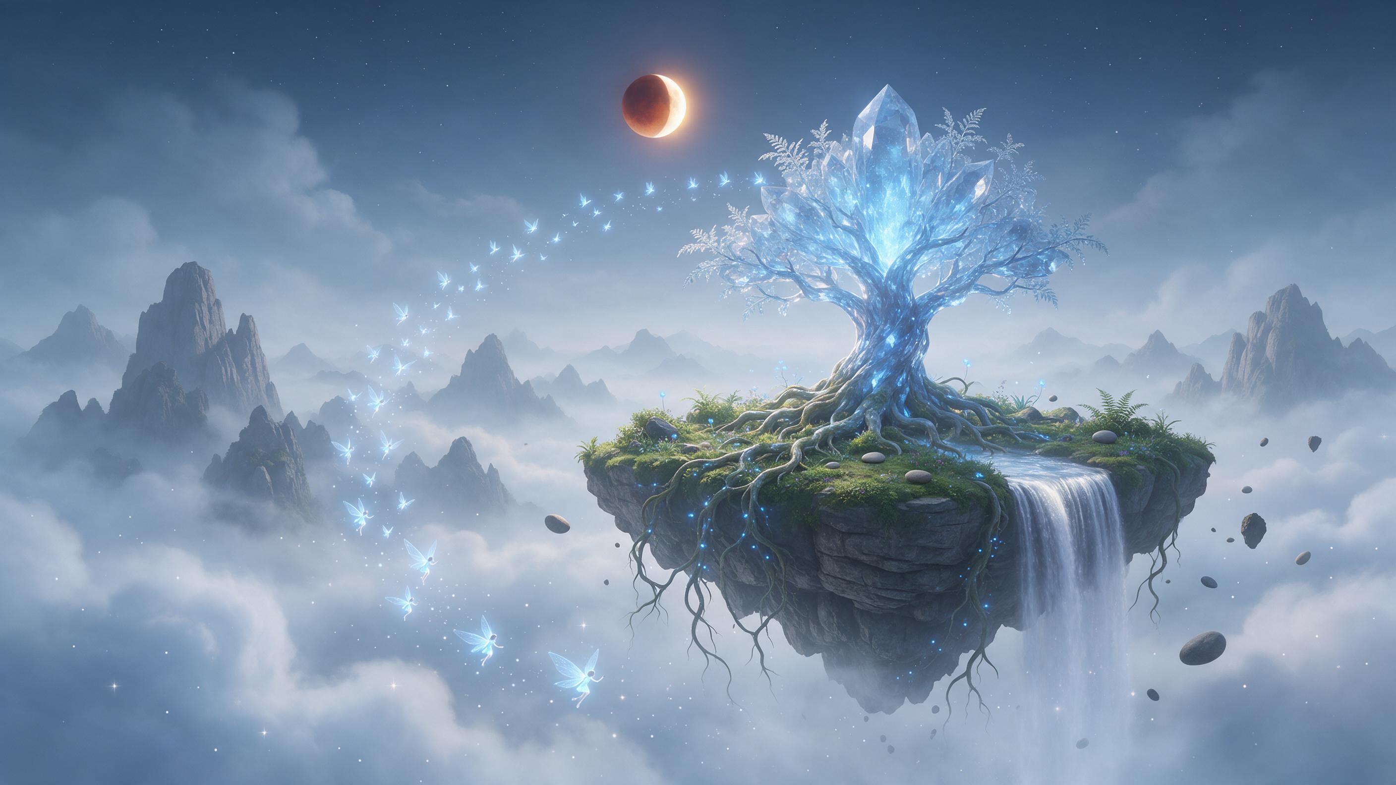 A floating island with a luminous crystal tree at its center, roots trailing into misty clouds. Small glowing fairies spiral upward, casting soft blue light on mossy rocks. A silver waterfall cascades off the edge into the void. Distant mountains hover in foggy layers. Composition: wide shot, golden