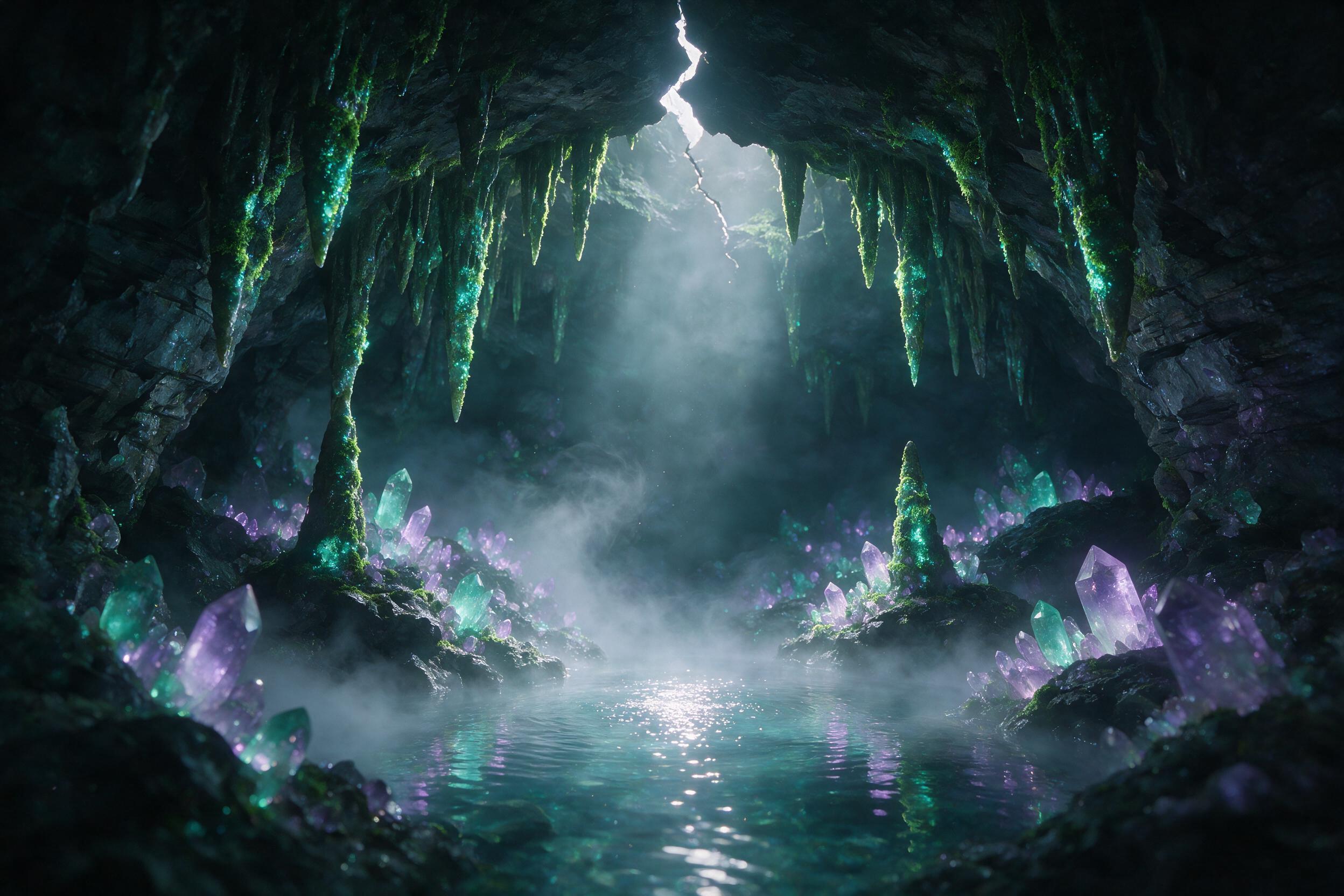 A glowing crystal cave deep underground, bioluminescent moss clinging to stalactites, a single beam of light piercing through a crack above, illuminating a small pool of shimmering water, ethereal mist swirling, subtle color gradients of purple and teal, soft focus on the crystals, natural lighting 