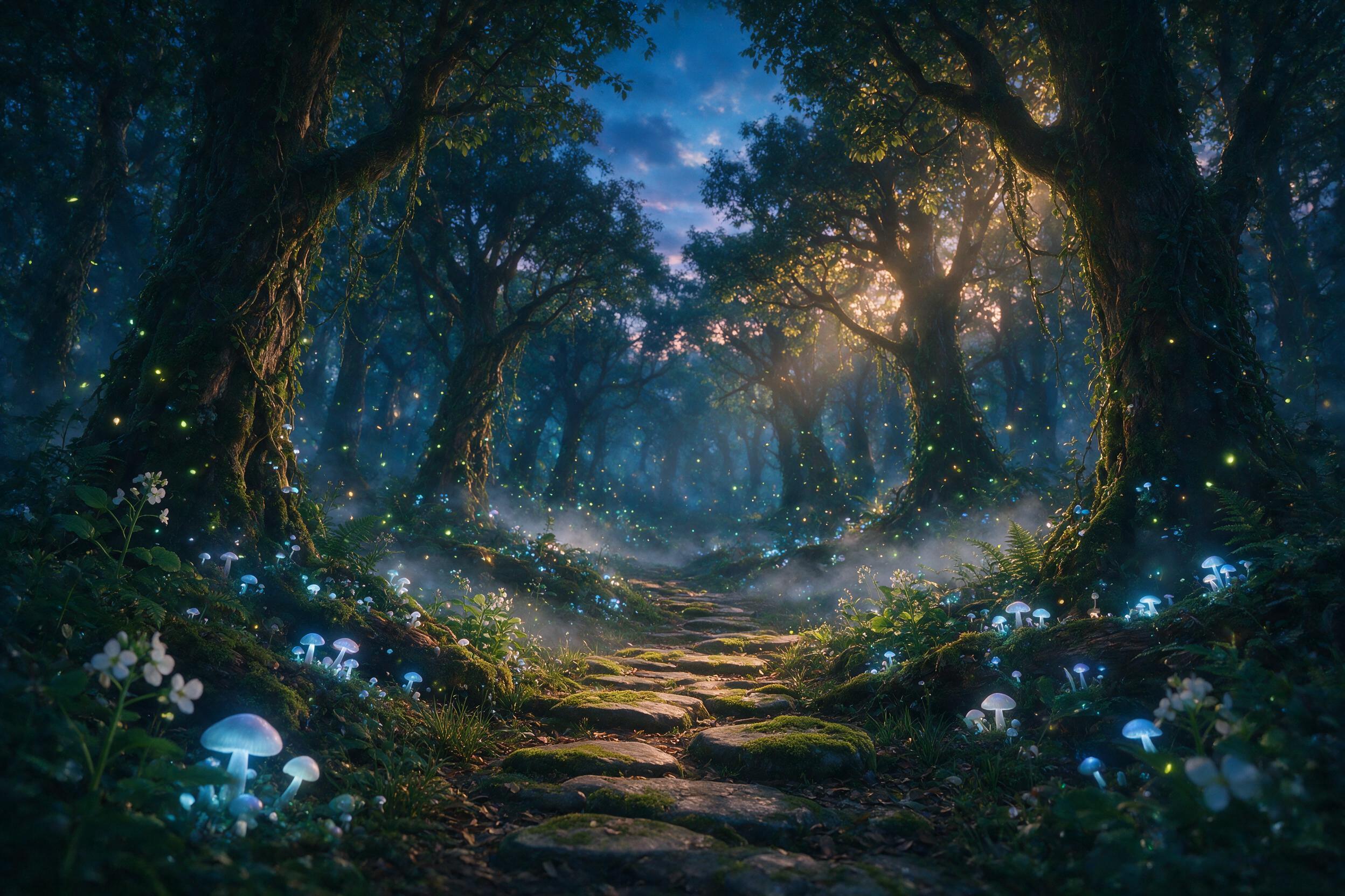 A mystical forest at twilight, glowing bioluminescent mushrooms and floating fireflies, a winding path of moss-covered stones, soft mist hugging the ground, warm amber light filtering through ancient trees, shallow depth of field, ethereal atmosphere