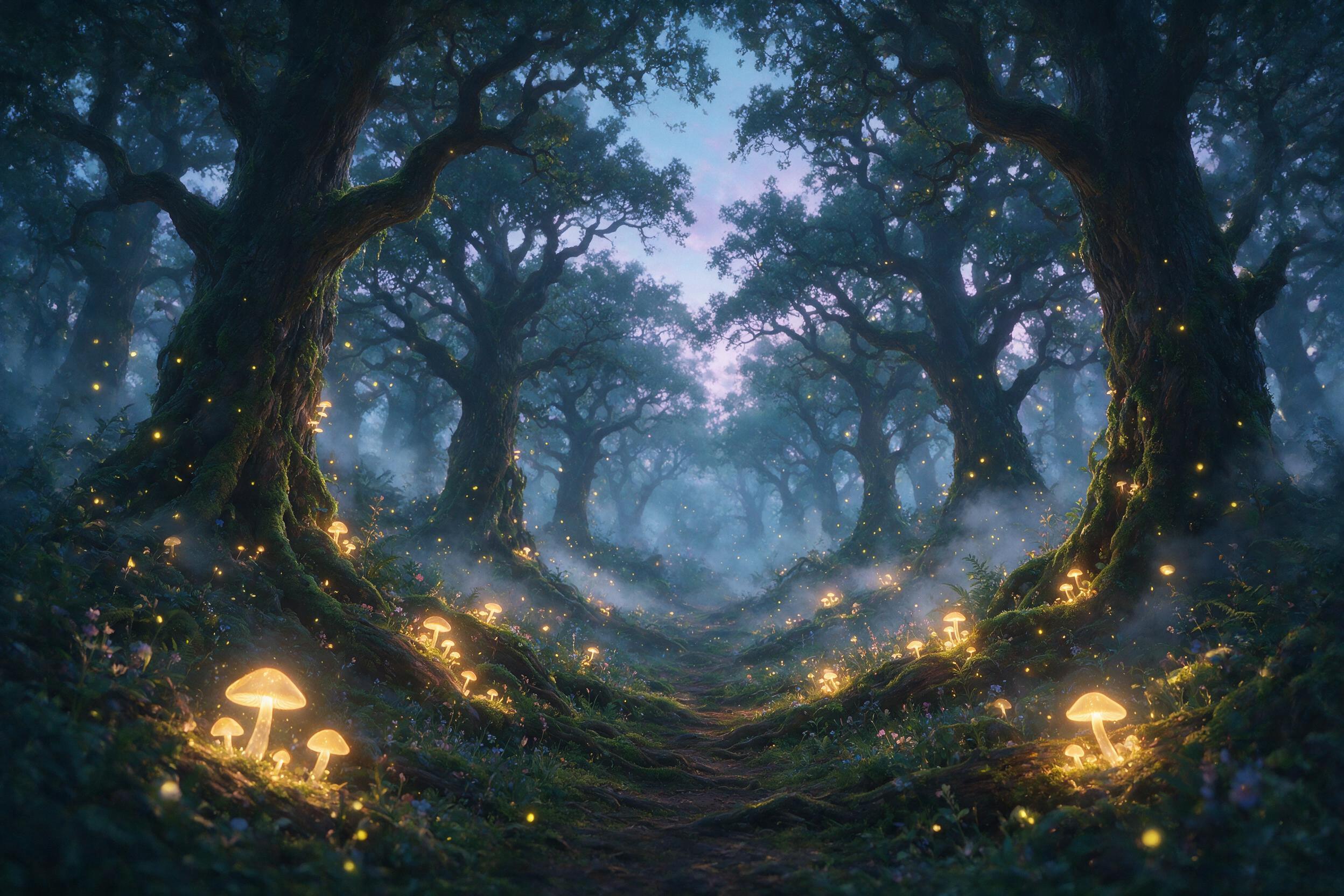 A mystical forest at twilight, glowing mushrooms and floating fireflies illuminate the path, ancient trees with twisted roots, soft mist weaving through the scene, warm golden light from the mushrooms contrasting with cool blue twilight, shallow depth of field, painterly style with soft brushstrokes
