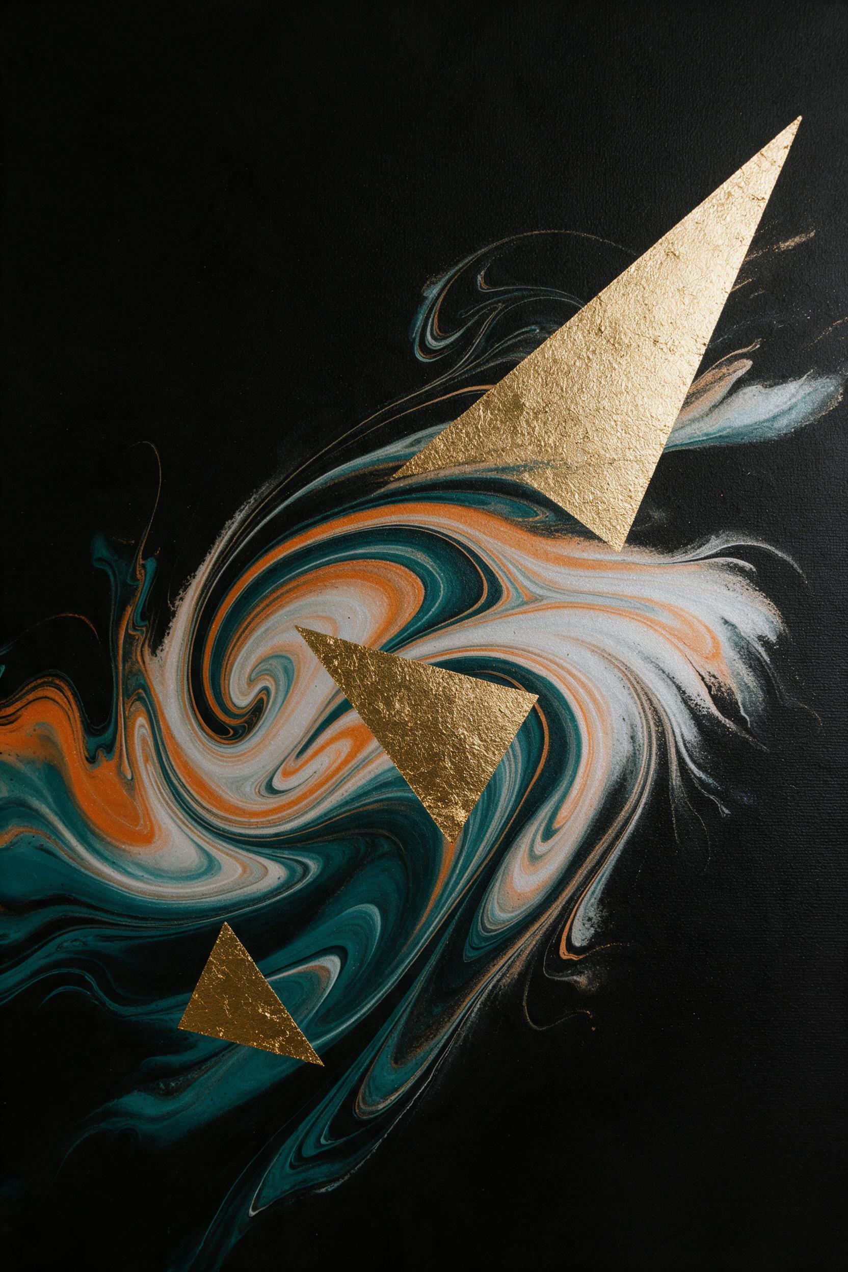 Fluid acrylic marbling in deep teal, burnt orange, and pearl white swirling on a black canvas, with sharp geometric gold-leaf triangles intersecting the flowing curves, dramatic side lighting casting subtle shadows, matte texture, minimalist composition.
