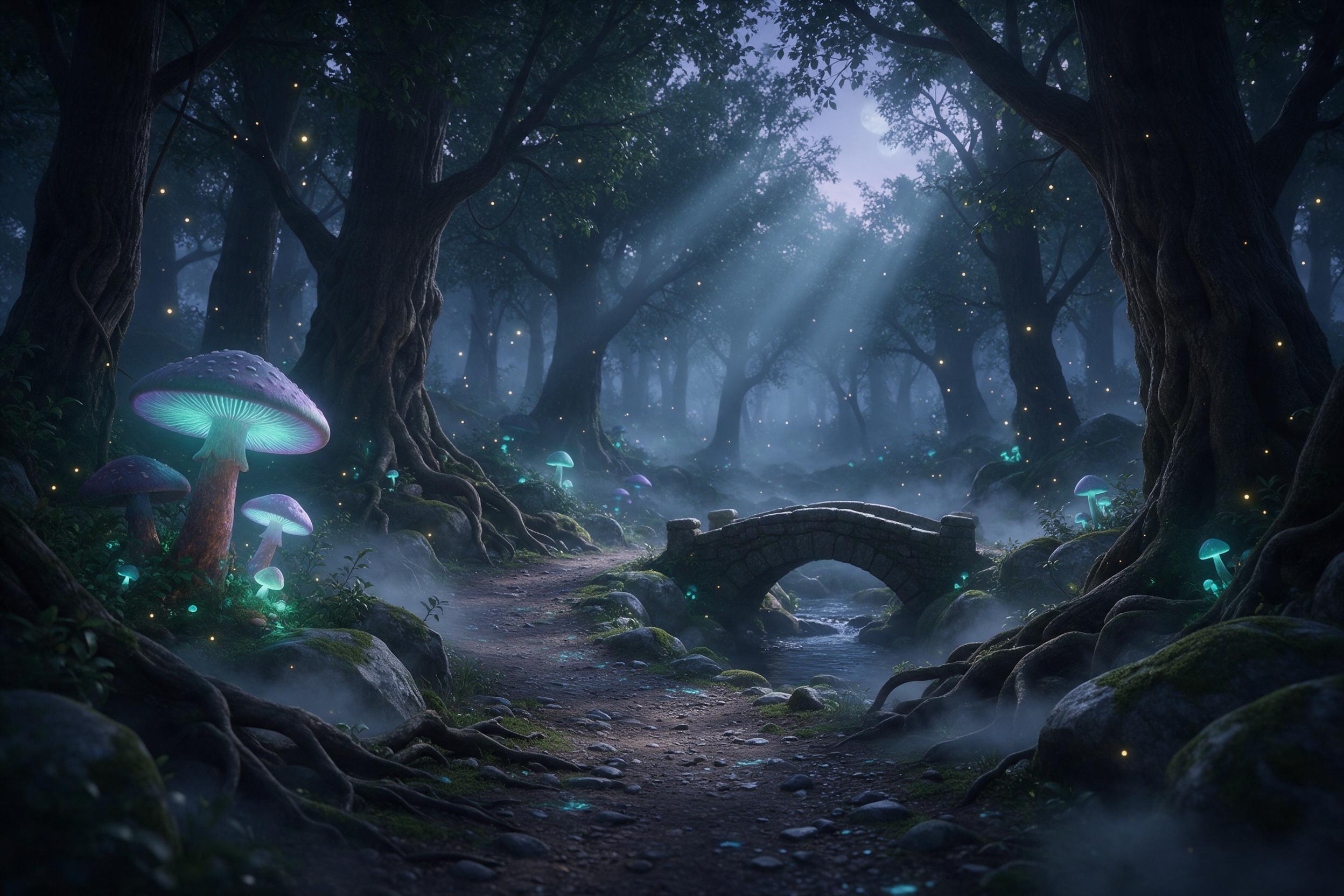A misty enchanted forest at dawn, where giant glowing mushrooms cast soft teal and violet light onto winding paths, ancient trees with twisting roots, fireflies drifting like stars, ethereal fog curling around mossy stones, silvery moonbeams cutting through the canopy, a tiny stone bridge over a glo