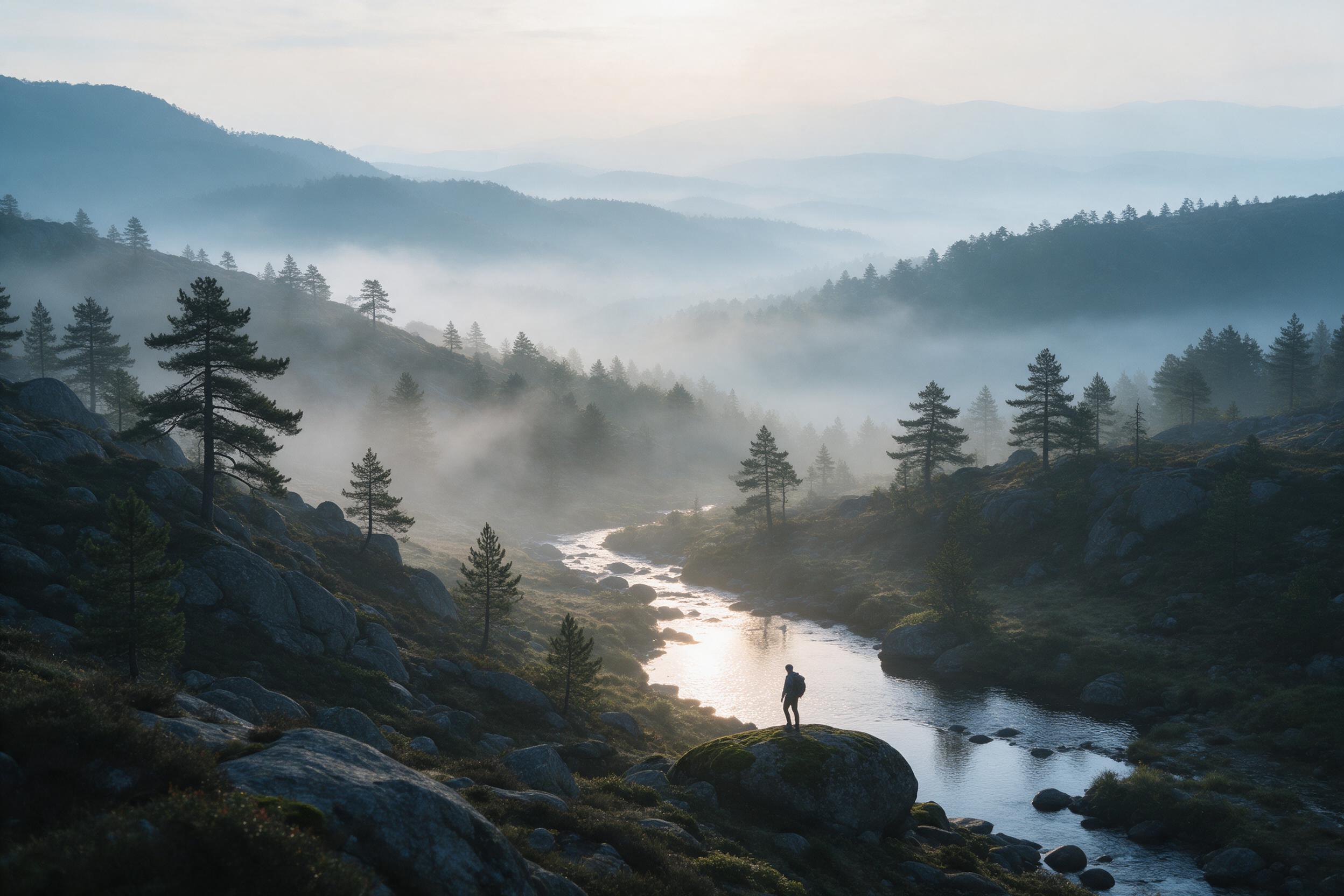 A misty mountain valley at dawn, layers of rolling hills fading into pale blue haze, a clear stream reflecting soft golden sunlight, scattered pine trees on rocky slopes, gentle fog curling through the treeline, wide-angle composition with a lone hiker standing on a mossy boulder, warm morning light