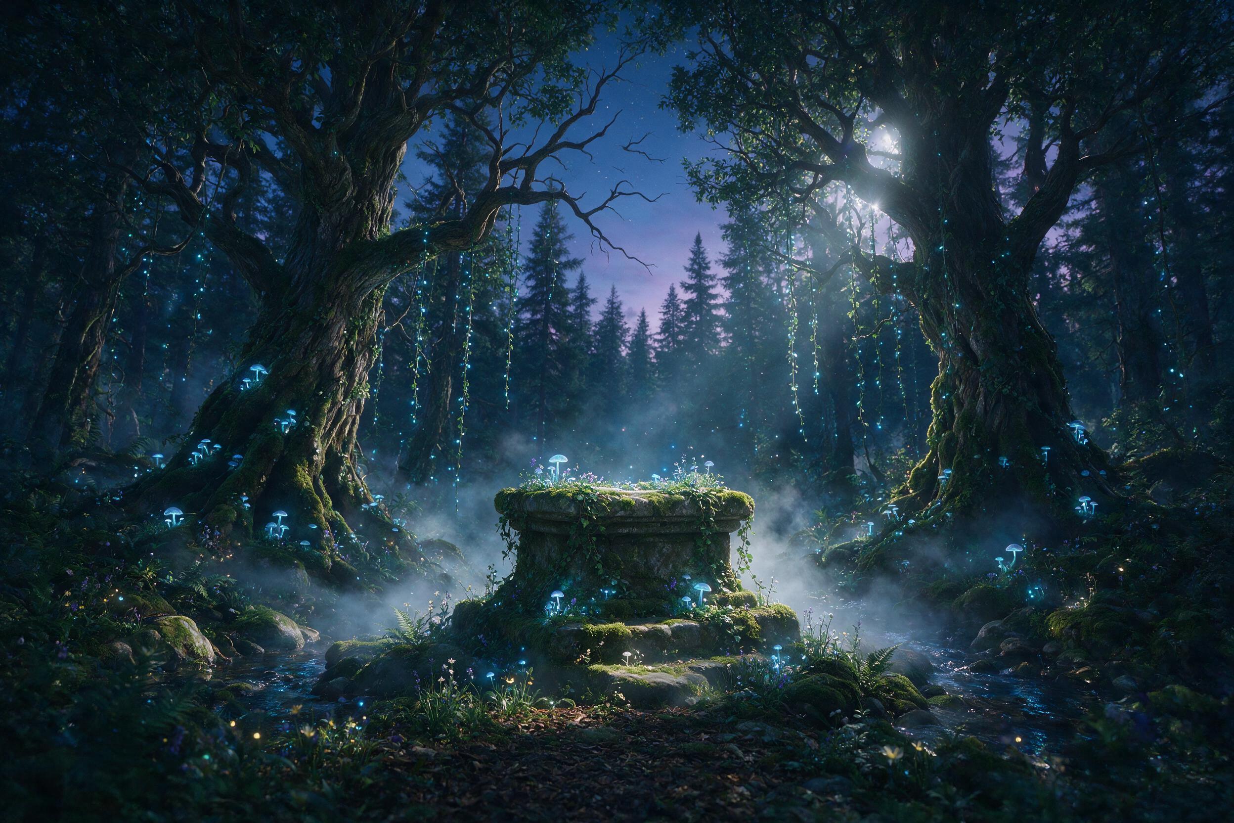 A mystical forest at twilight, bioluminescent mushrooms and glowing blue vines hanging from ancient trees, a gentle mist swirling around a stone altar covered in moss, soft moonlight filtering through the canopy, slight lens flare, dreamy and ethereal atmosphere