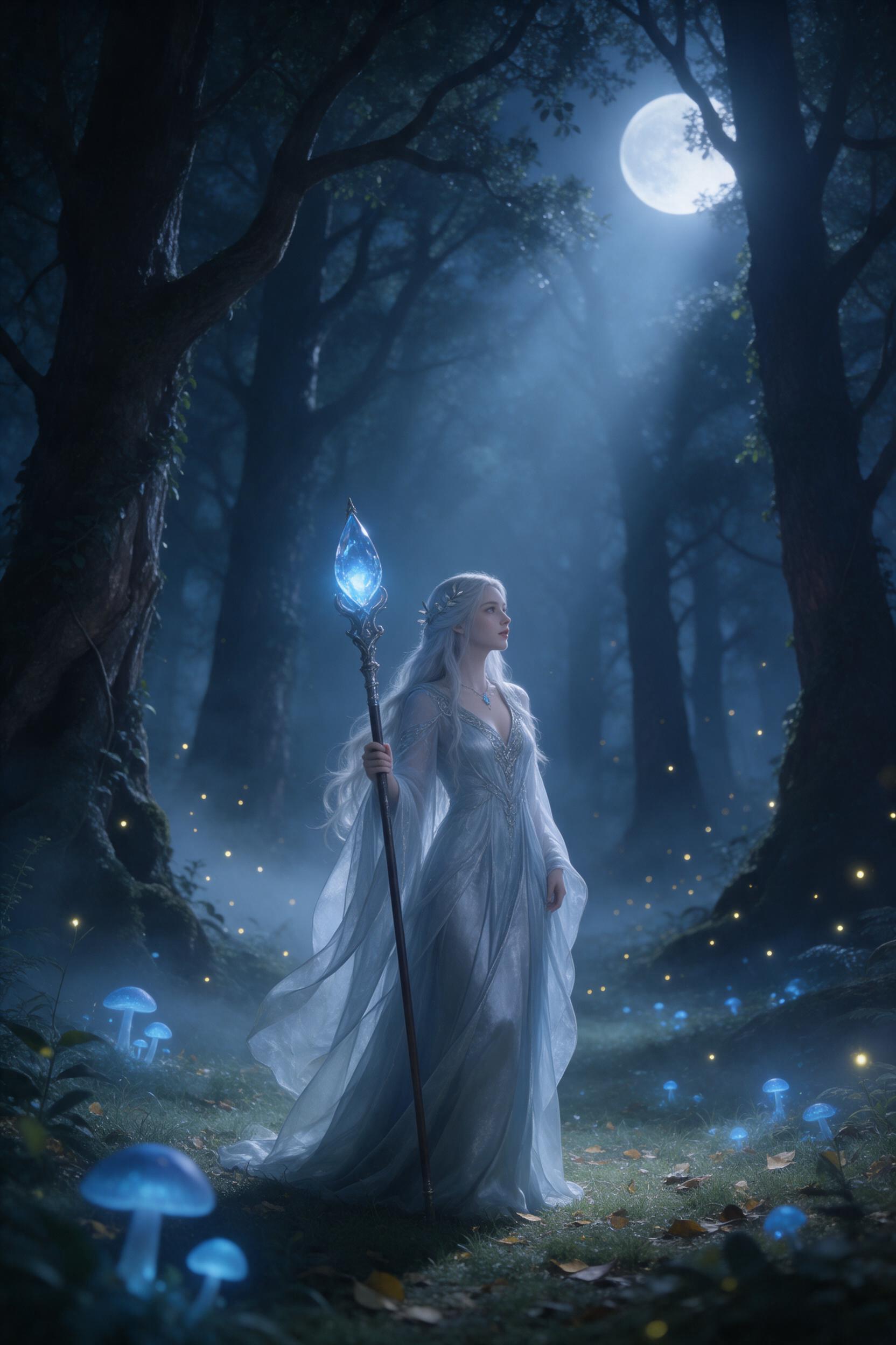 A moonlit ancient elven forest glade, glowing blue mushrooms and fireflies, a silver-haired enchantress in a flowing gown, her staff embedded with a pulsing crystal, mist weaving between twisted trees, soft moonlight rays piercing the canopy, shallow depth of field, ethereal atmosphere, gentle color