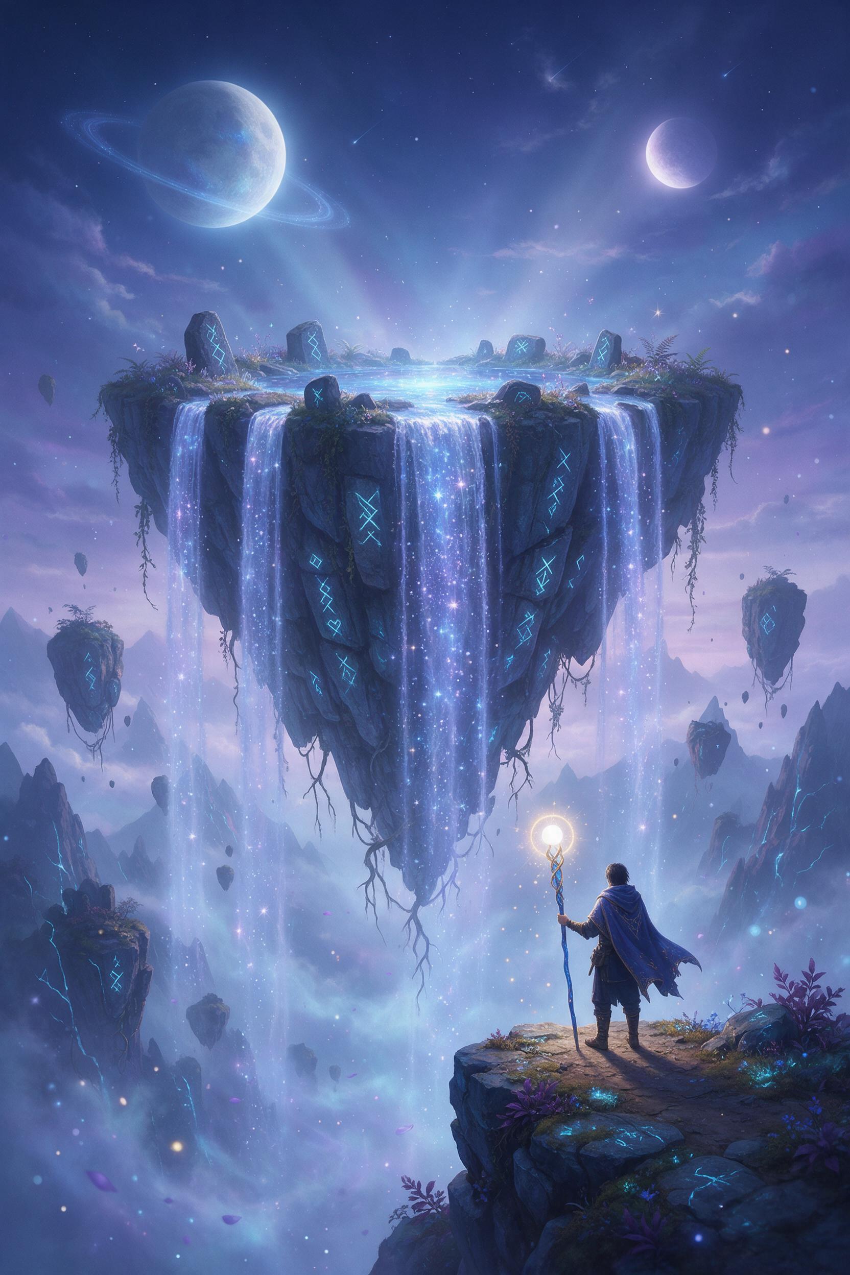A luminous floating island with cascading waterfalls of starlight, ancient glowing runes etched into floating stones, ethereal blue and violet mist swirling below, a lone traveler with a glowing staff on a cliff edge, twilight sky with twin moons, soft volumetric light and gentle particle effects, e