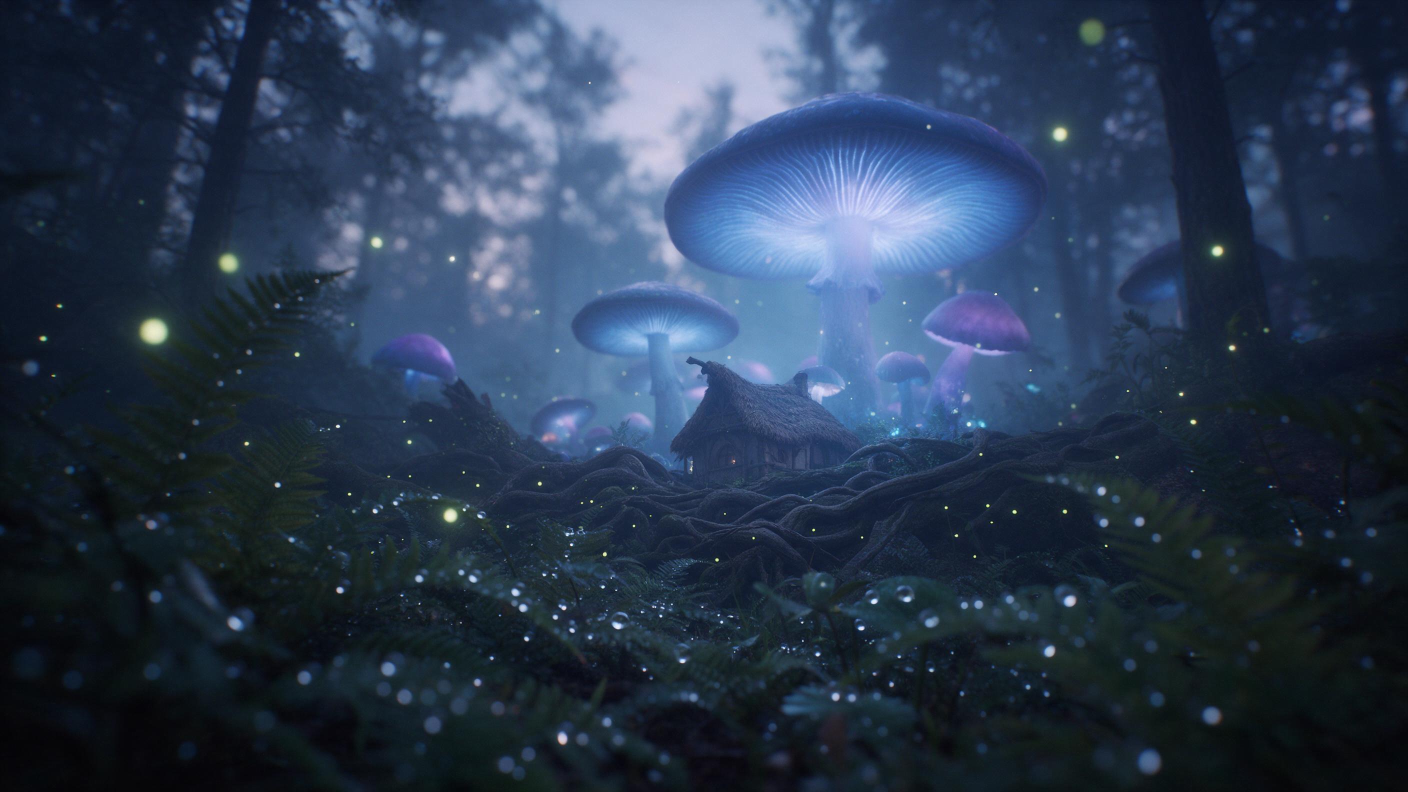 A misty twilight forest with giant glowing mushrooms casting soft blue and violet light, a small thatched cottage nestled among twisted roots, fireflies drifting, dew on ferns, cinematic composition, shallow depth of field, moody atmosphere