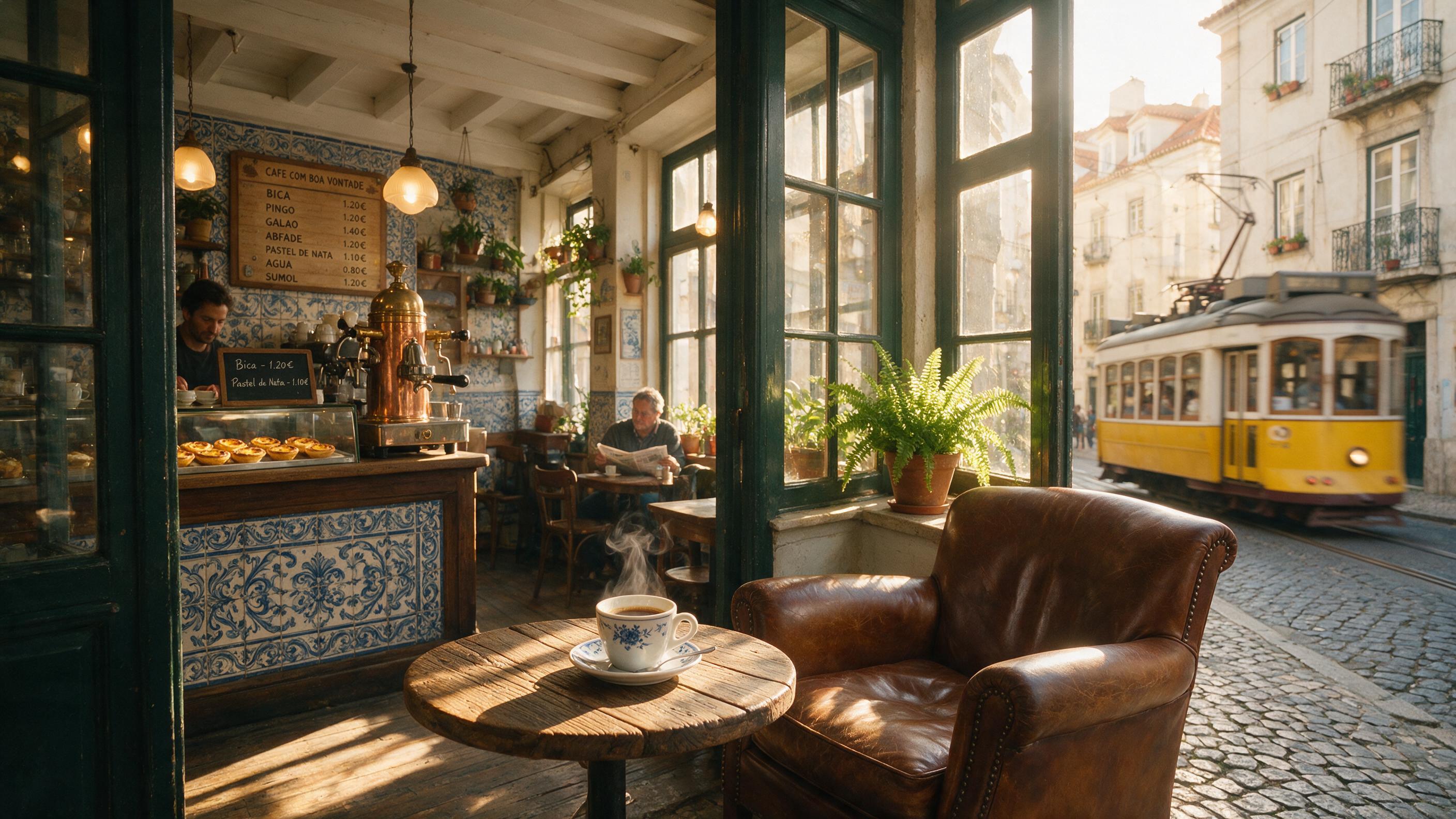 A sunlit corner cafe on a cobblestone street in Lisbon at 8 AM, warm golden light streaming through a window, steam rising from a ceramic espresso cup on a small round table, a worn leather chair, potted fern, soft bokeh of a passing tram, film grain, natural candid composition