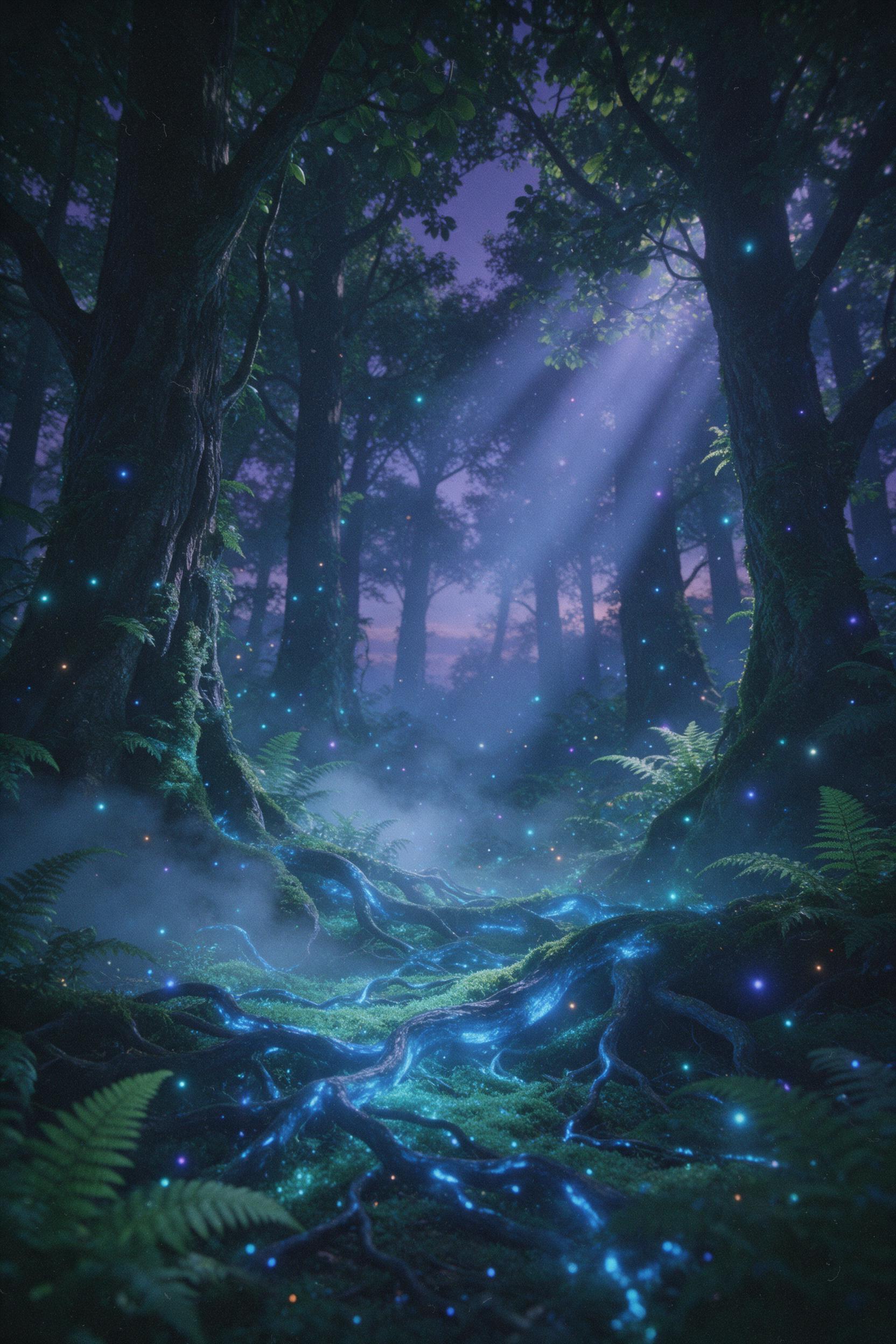 A bioluminescent forest at dusk, where massive ancient trees have glowing blue roots snaking through mossy ground, tiny fairy lights drifting like fireflies, mist curling between ferns, soft teal and purple palette, volumetric light rays piercing the canopy, slight camera shake, natural grain.