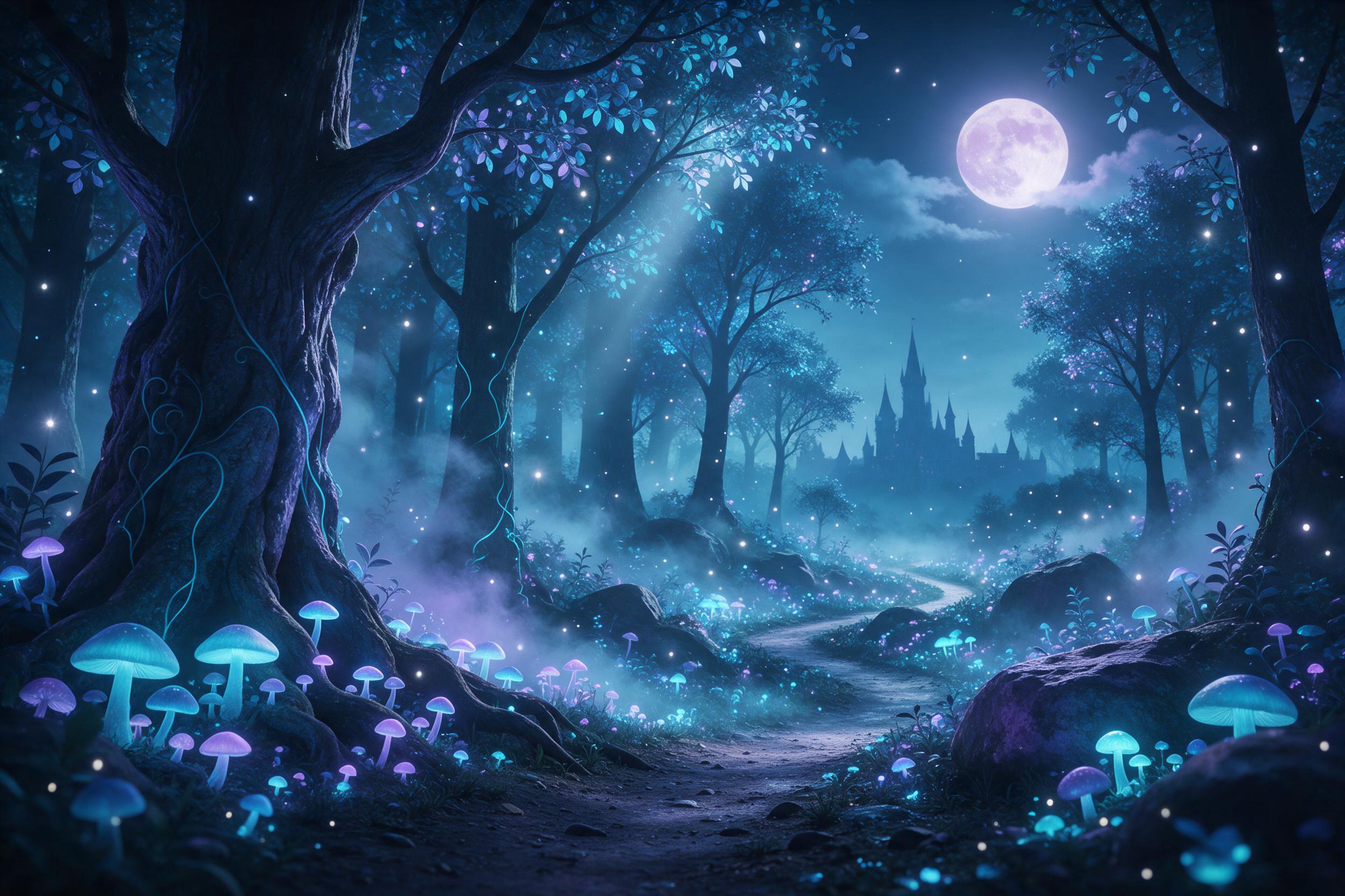 A moonlit enchanted forest with towering bioluminescent trees, glowing blue mushrooms carpeting the ground, a winding path leading to a distant castle silhouette, soft mist curling between trunks, fireflies drifting like stars, cool teal and violet palette, gentle volumetric light filtering through 