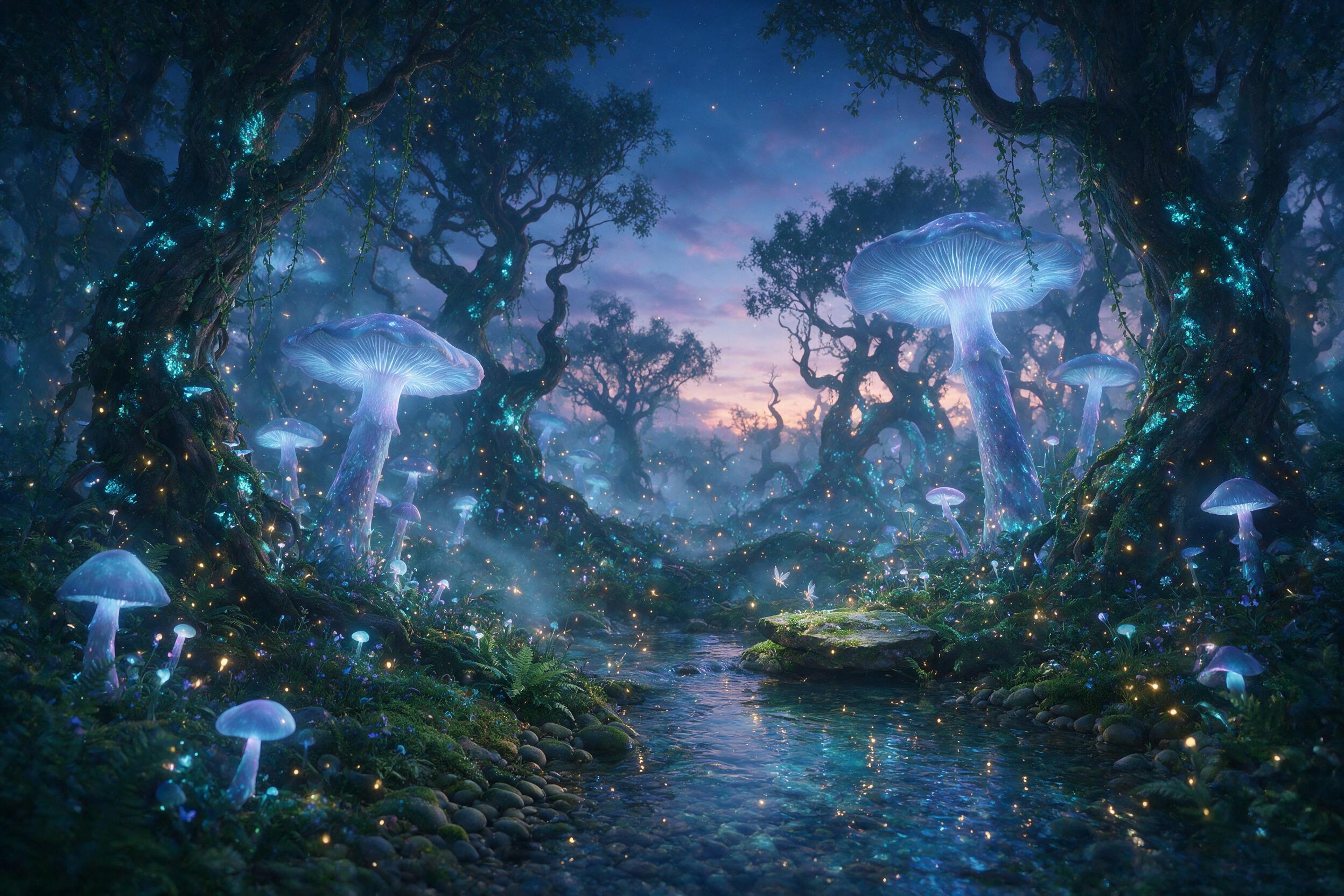 A luminous forest at twilight, massive bioluminescent mushrooms casting soft blue and purple light, ancient twisted trees with glowing moss, a small fairy with translucent wings hovering near a crystal-clear stream, ethereal fog drifting between the trunks, warm golden sparkles floating in the air, 