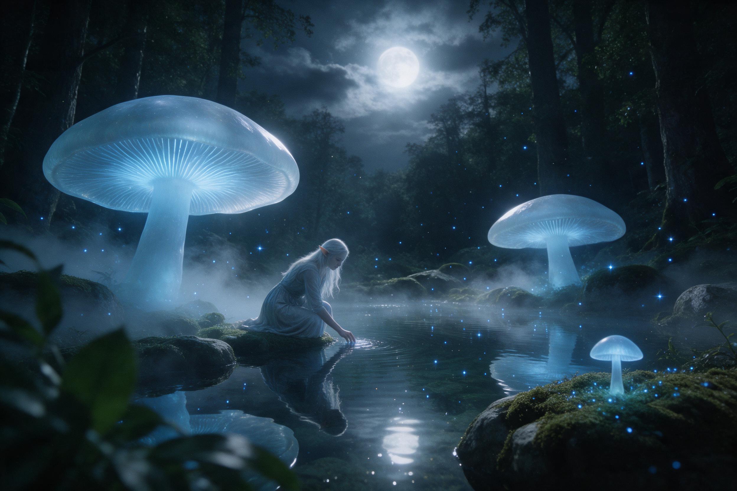 A moonlit ancient forest clearing, where giant luminous mushrooms emit soft blue light, a silver-haired elven figure kneeling by a crystal-clear pond, mist curling around mossy stones, sparkles floating like fireflies, subtle grain, moody atmosphere, cinematic composition.