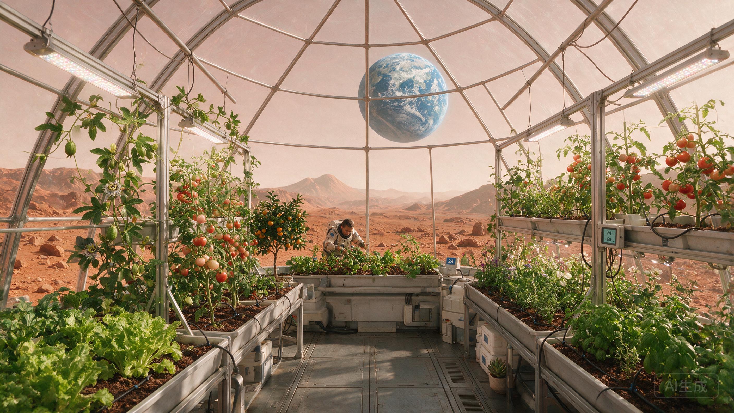 A lone astronaut tending a greenhouse on Mars, Earth visible through dome, hopeful atmosphere, vivid colors