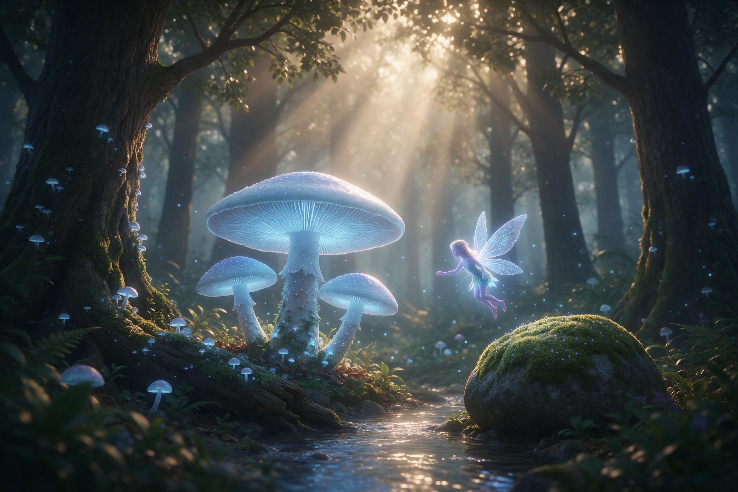 A misty ancient forest at dawn, giant bioluminescent mushrooms casting soft blue and purple light, a small glowing fairy with translucent wings hovering near a mossy stone, rays of sunlight piercing through dense canopy, gentle fog, intricate details on tree bark and leaves, shallow depth of field, 