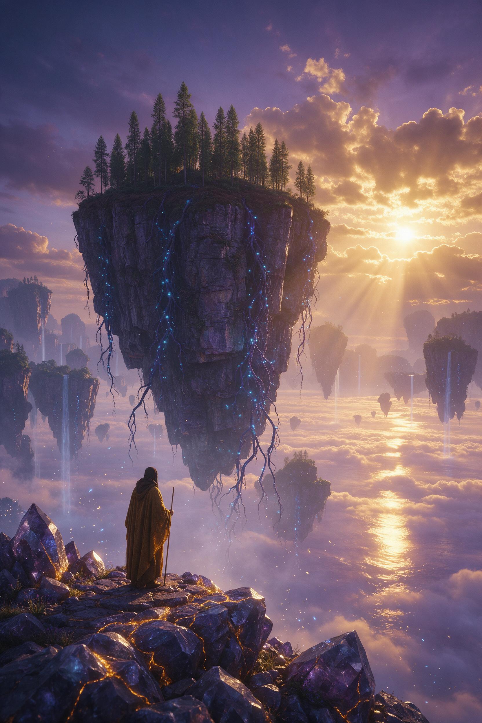 An ancient floating island in twilight, with bioluminescent vines cascading down its cliffs. A lone robed figure stands on a crystal outcrop, gazing at distant floating waterfalls that pour into a luminous sea of clouds. Warm amber and violet tones, soft ethereal mist, golden light bursts through cl