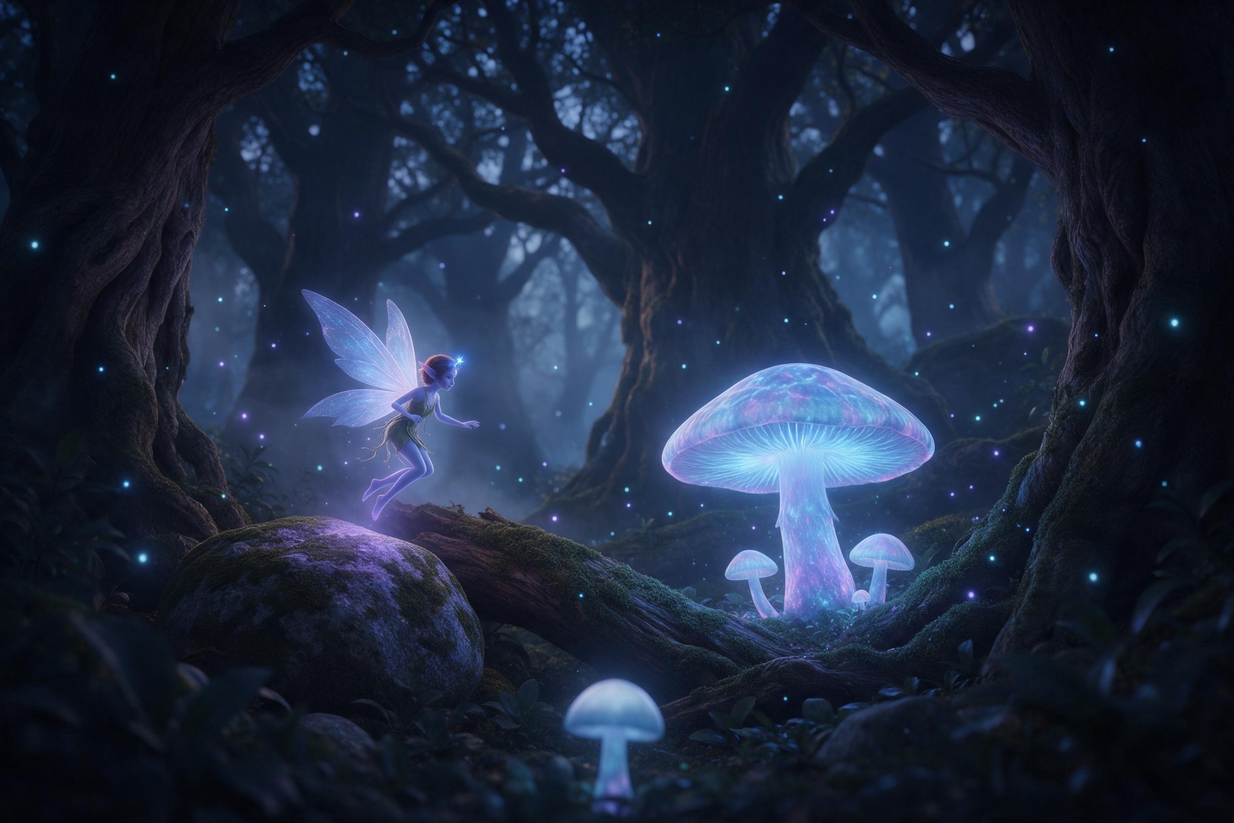 A bioluminescent forest at dusk, giant glowing mushrooms casting soft blue and purple light, a tiny fairy with translucent wings hovering near a mossy stone, gentle mist weaving between ancient trees, fireflies sparkling in the air, shallow depth of field, ethereal atmosphere, muted colors with vibr