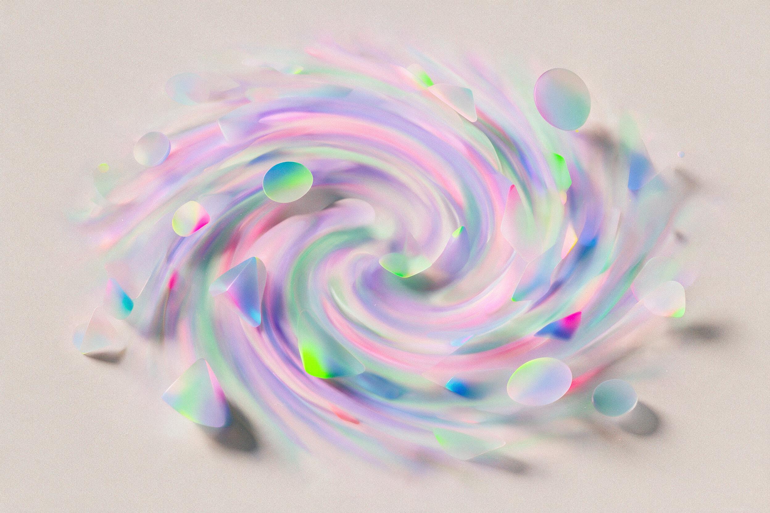 A swirling vortex of iridescent colors, fluid geometric shapes merging into a minimalist composition, soft diffused light casting gentle shadows on a matte surface, slight grain texture, muted pastel tones with pops of neon